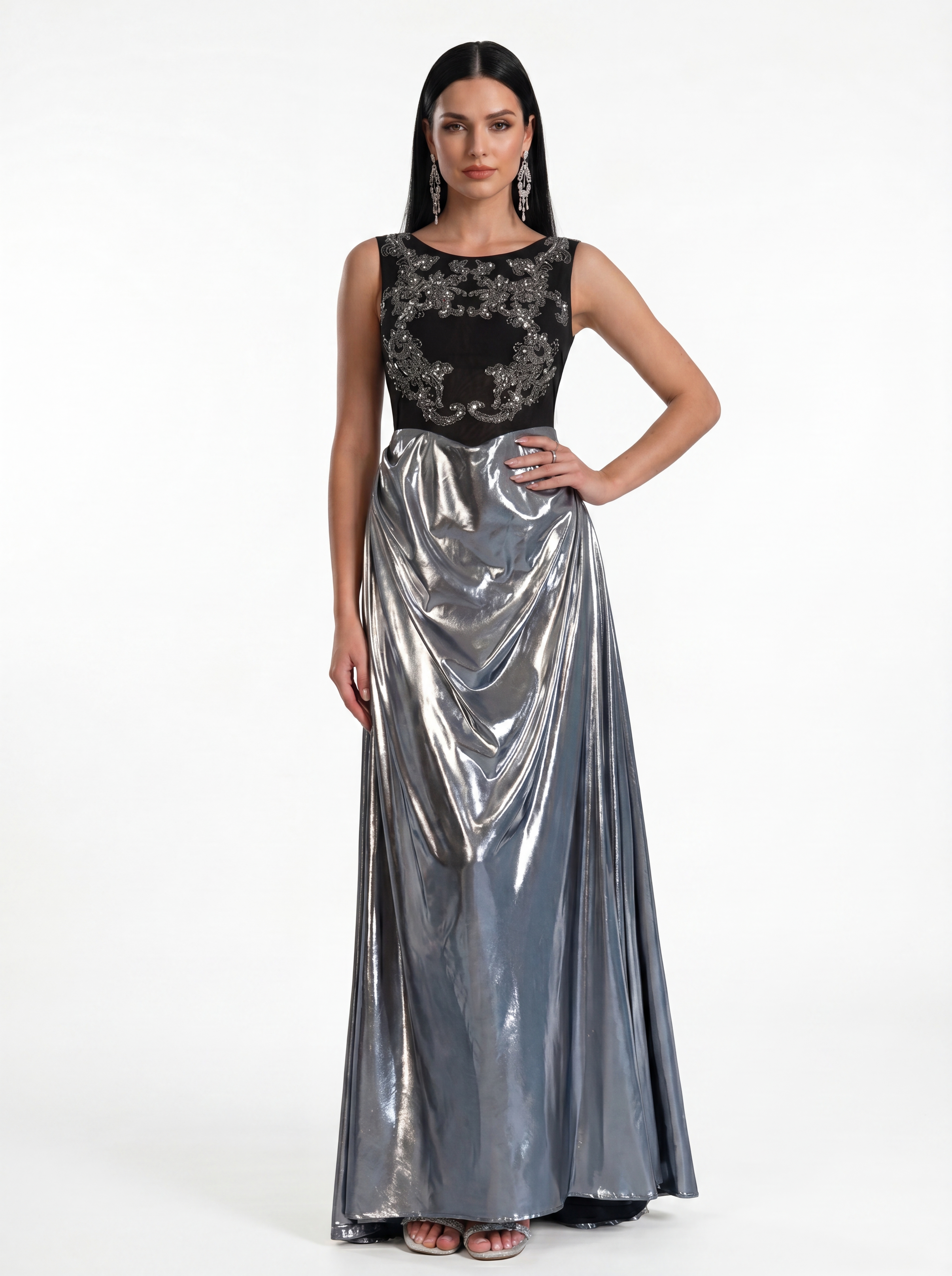 Black Applique Bodice & Metallic Silver Skirt Evening Gown - Scoop Neck Formal Prom Dress & Gala Maxi