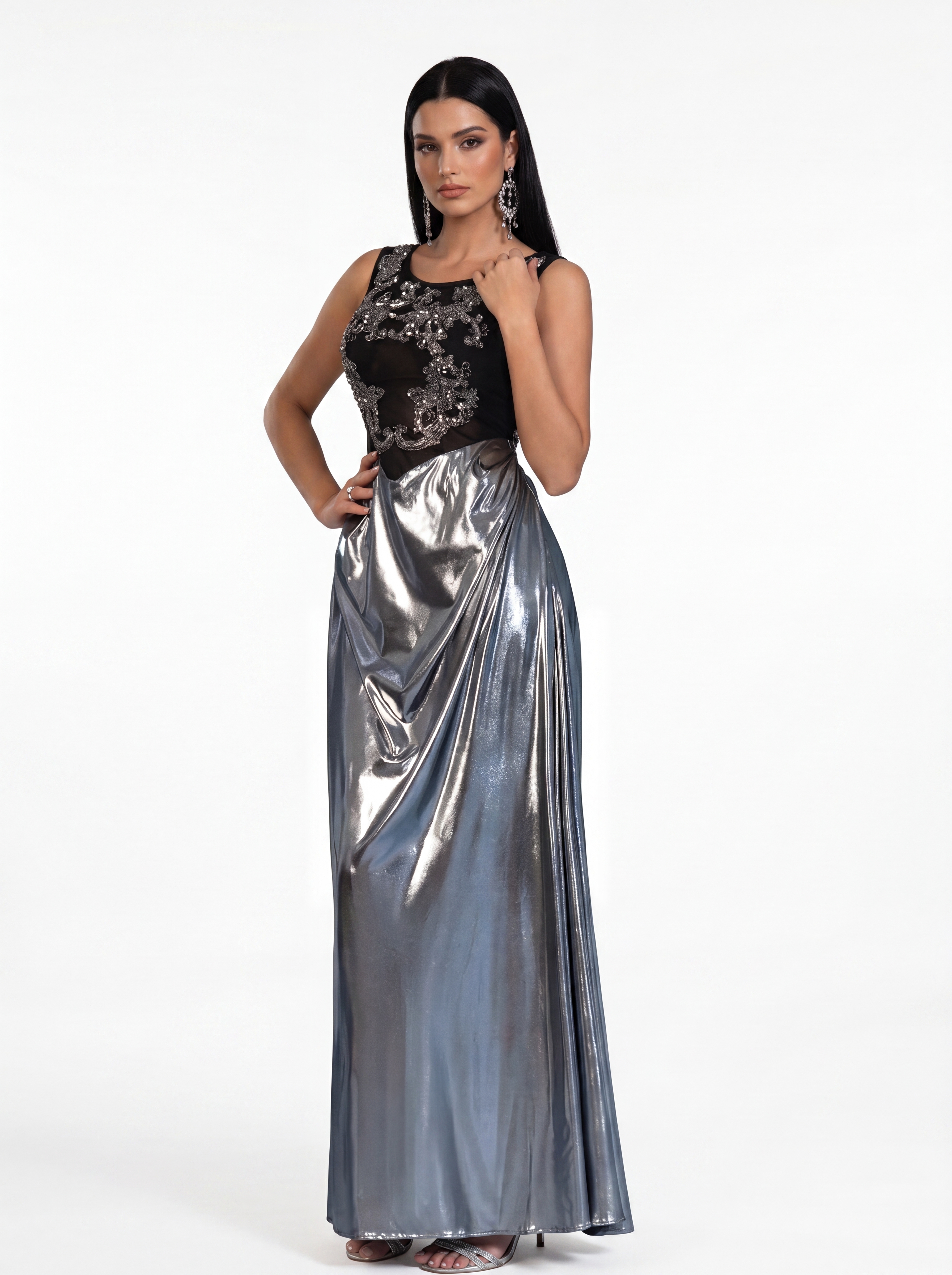 Black Applique Bodice & Metallic Silver Skirt Evening Gown - Scoop Neck Formal Prom Dress & Gala Maxi