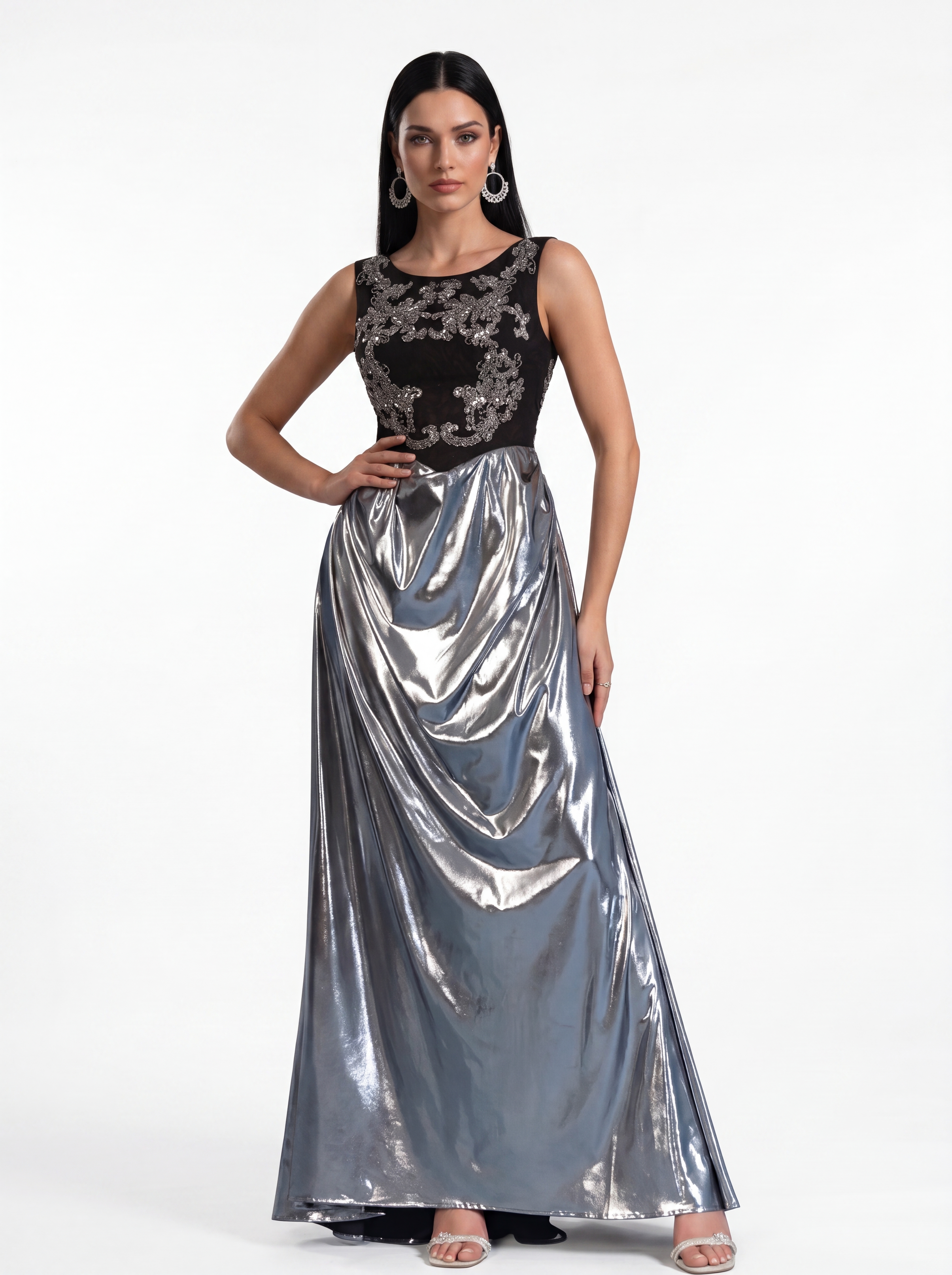 Black Applique Bodice & Metallic Silver Skirt Evening Gown - Scoop Neck Formal Prom Dress & Gala Maxi