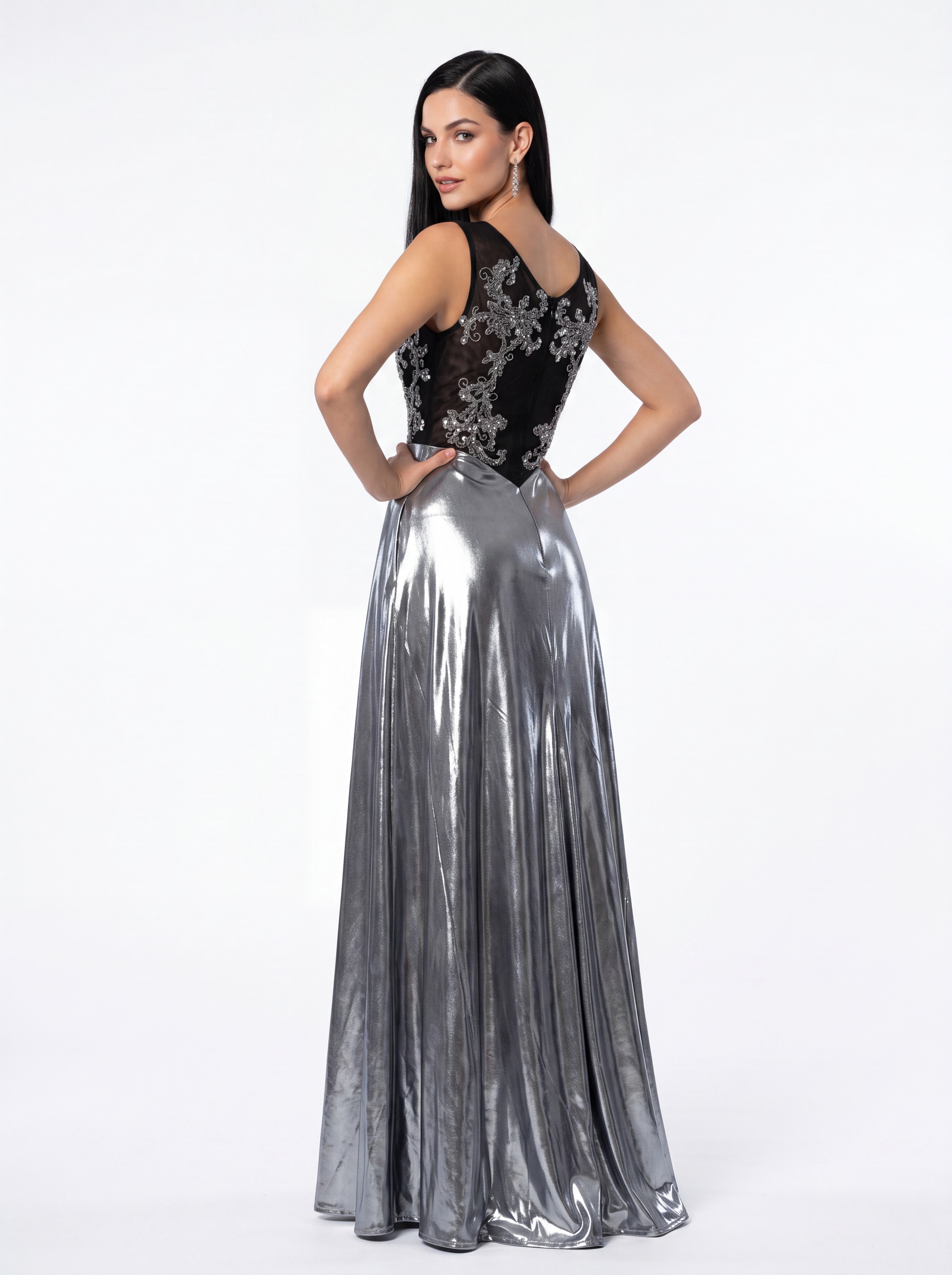Black Applique Bodice & Metallic Silver Skirt Evening Gown - Scoop Neck Formal Prom Dress & Gala Maxi