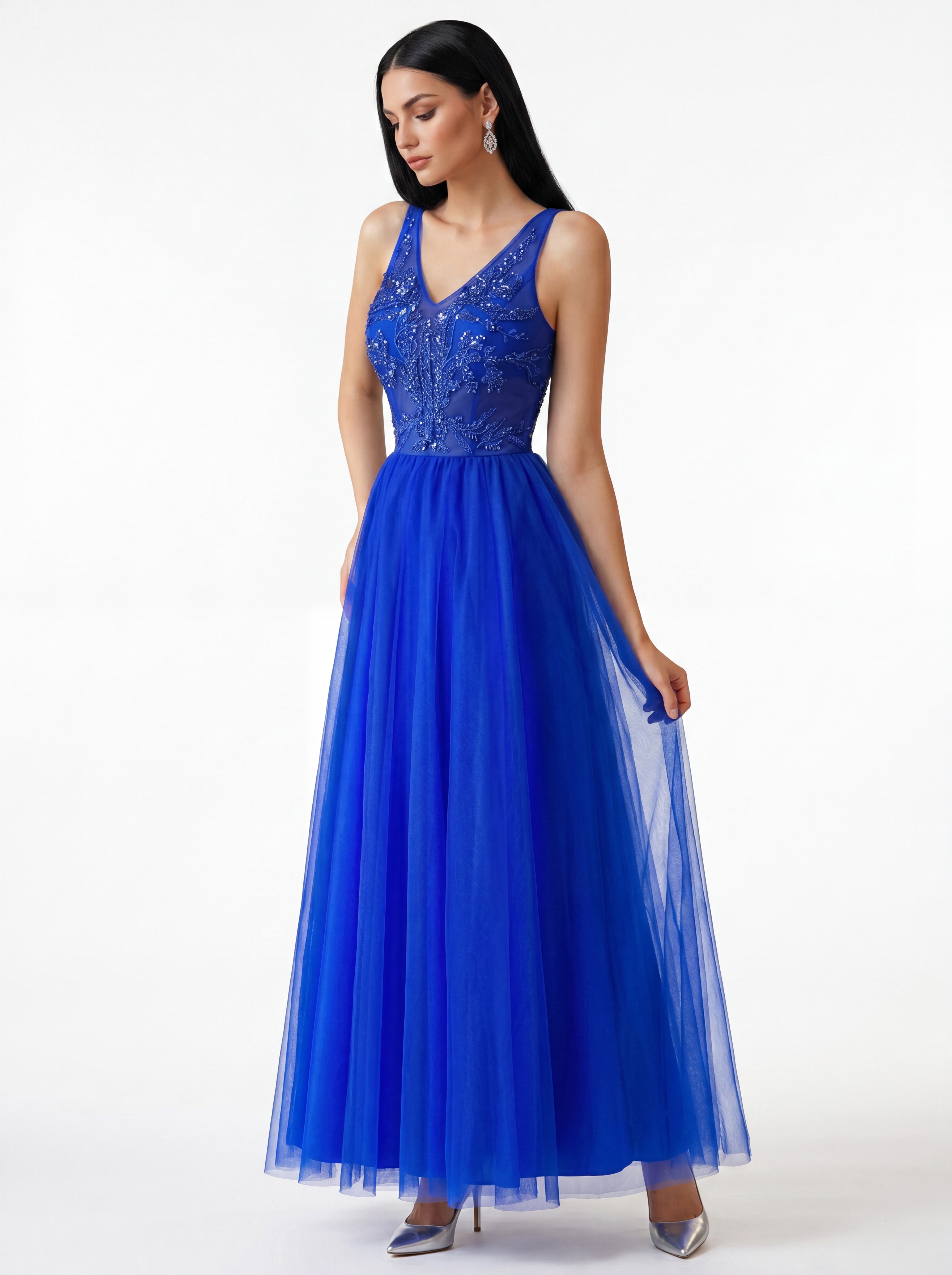 Elegant Royal Blue Beaded V-Neck Evening Gown - Sleeveless Tulle A-Line Prom Dress & Formal Maxi