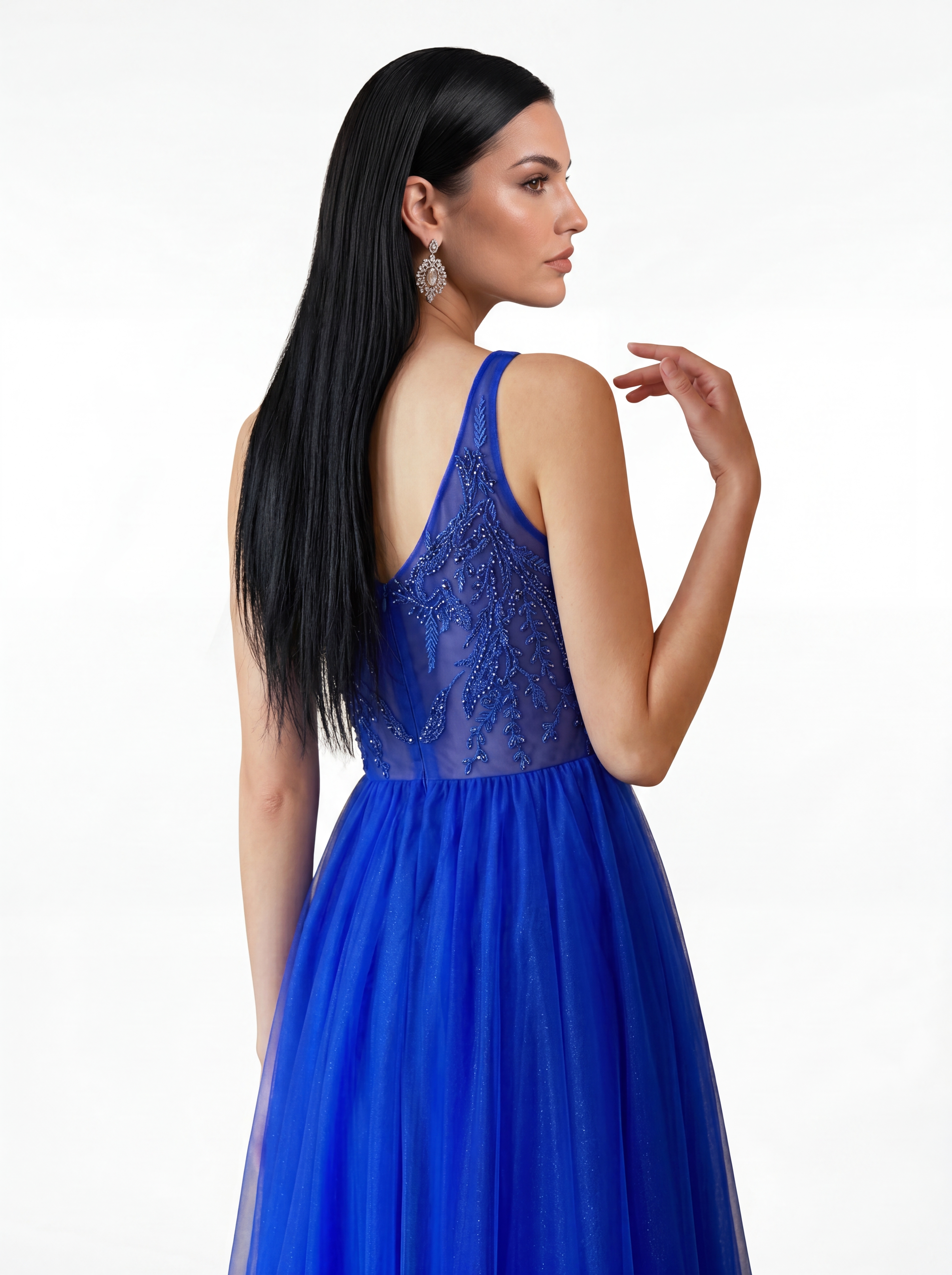 Elegant Royal Blue Beaded V-Neck Evening Gown - Sleeveless Tulle A-Line Prom Dress & Formal Maxi