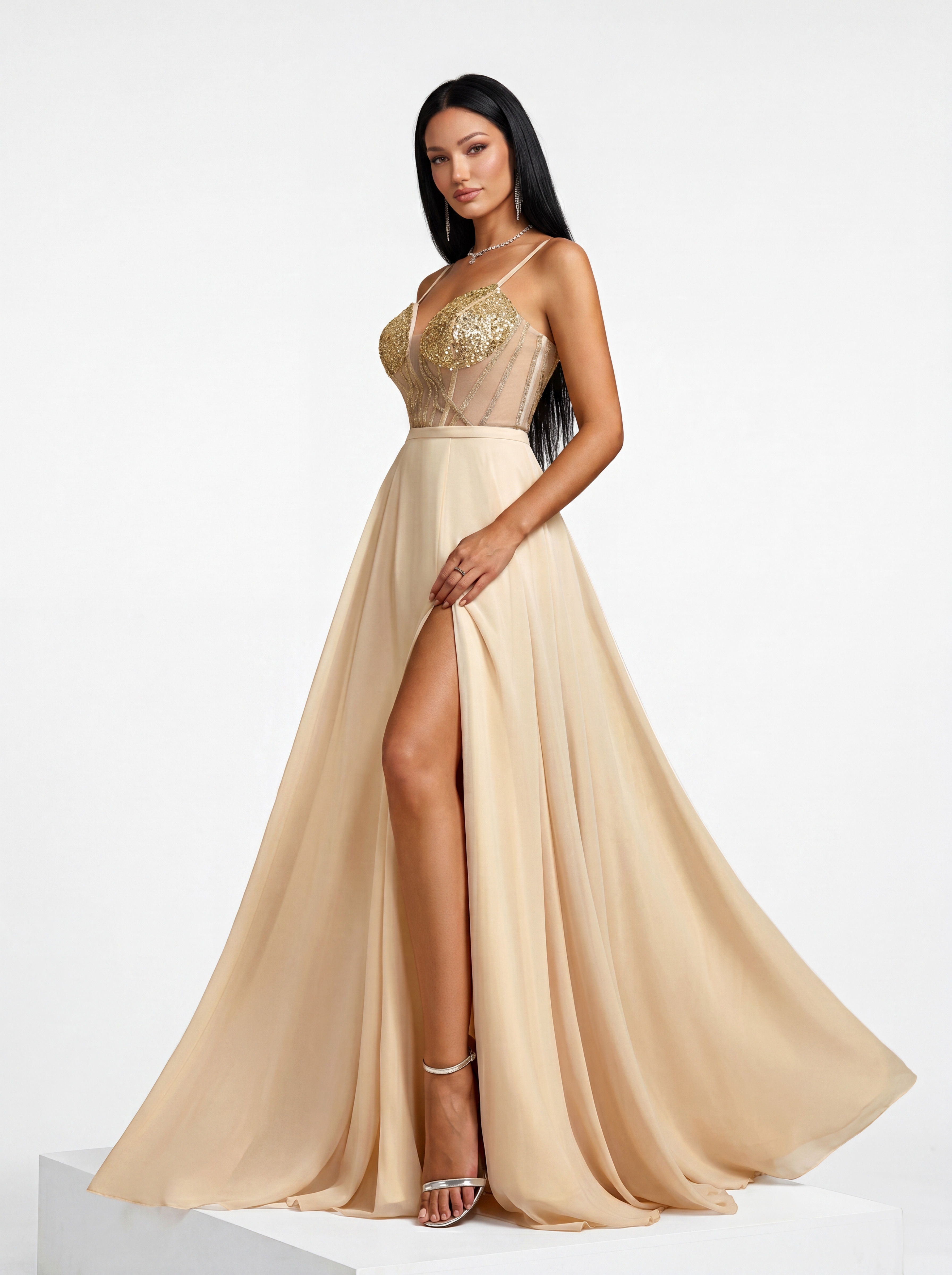 Champagne Ivory Sequin Corset Evening Gown - Illusion Deep V-Neck A-Line Prom Dress with High Slit