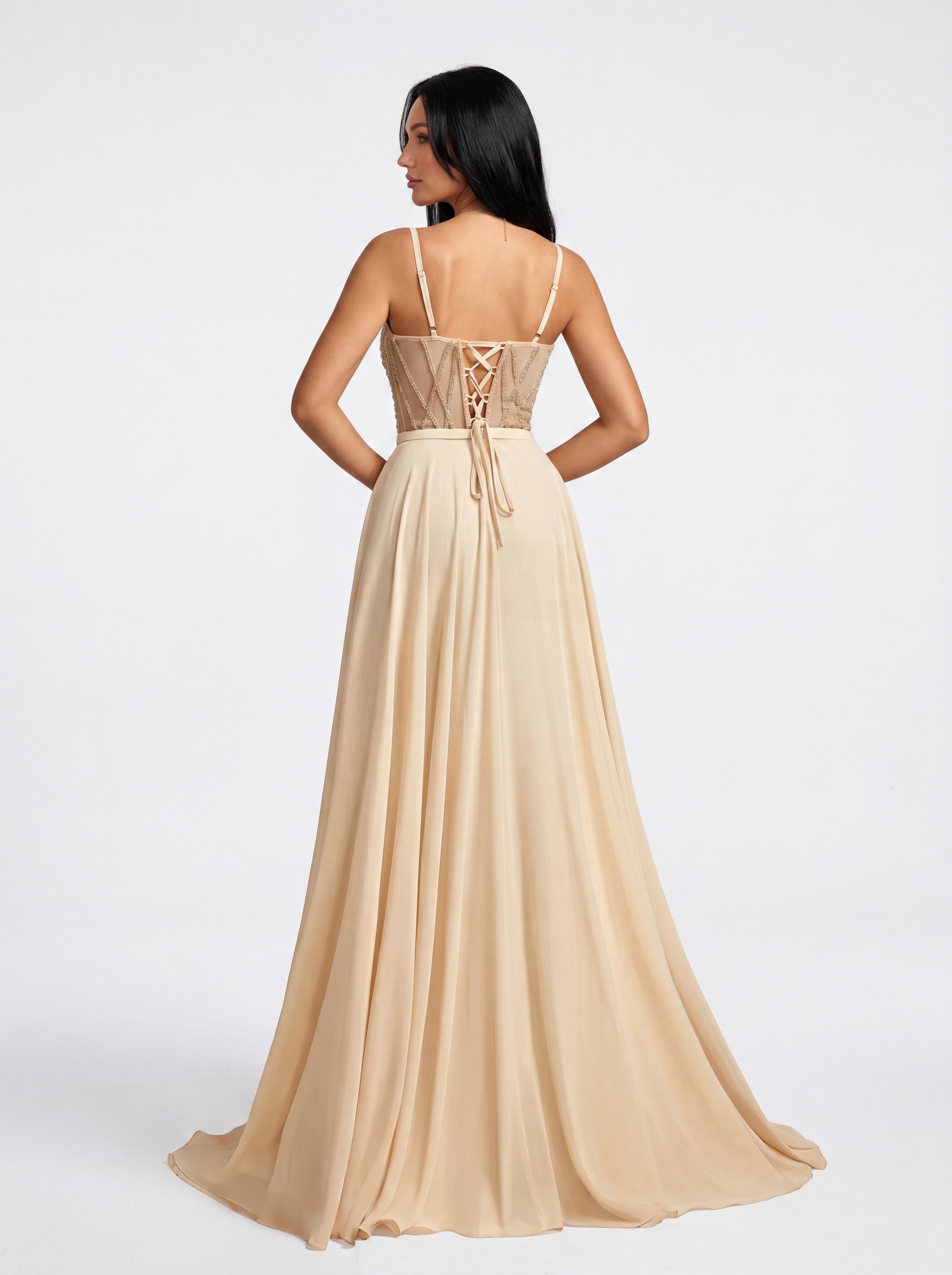Champagne Ivory Sequin Corset Evening Gown - Illusion Deep V-Neck A-Line Prom Dress with High Slit