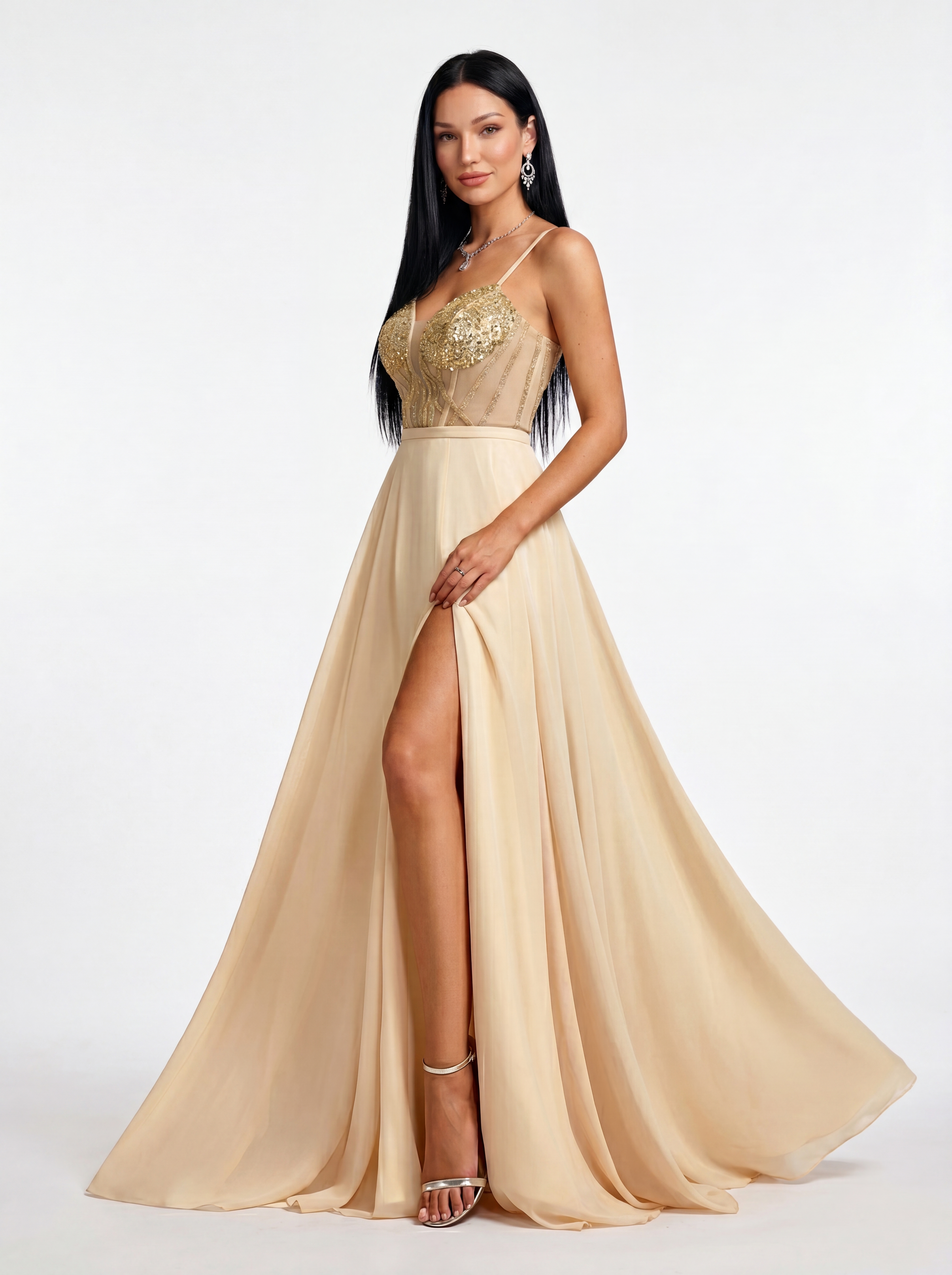 Champagne Ivory Sequin Corset Evening Gown - Illusion Deep V-Neck A-Line Prom Dress with High Slit