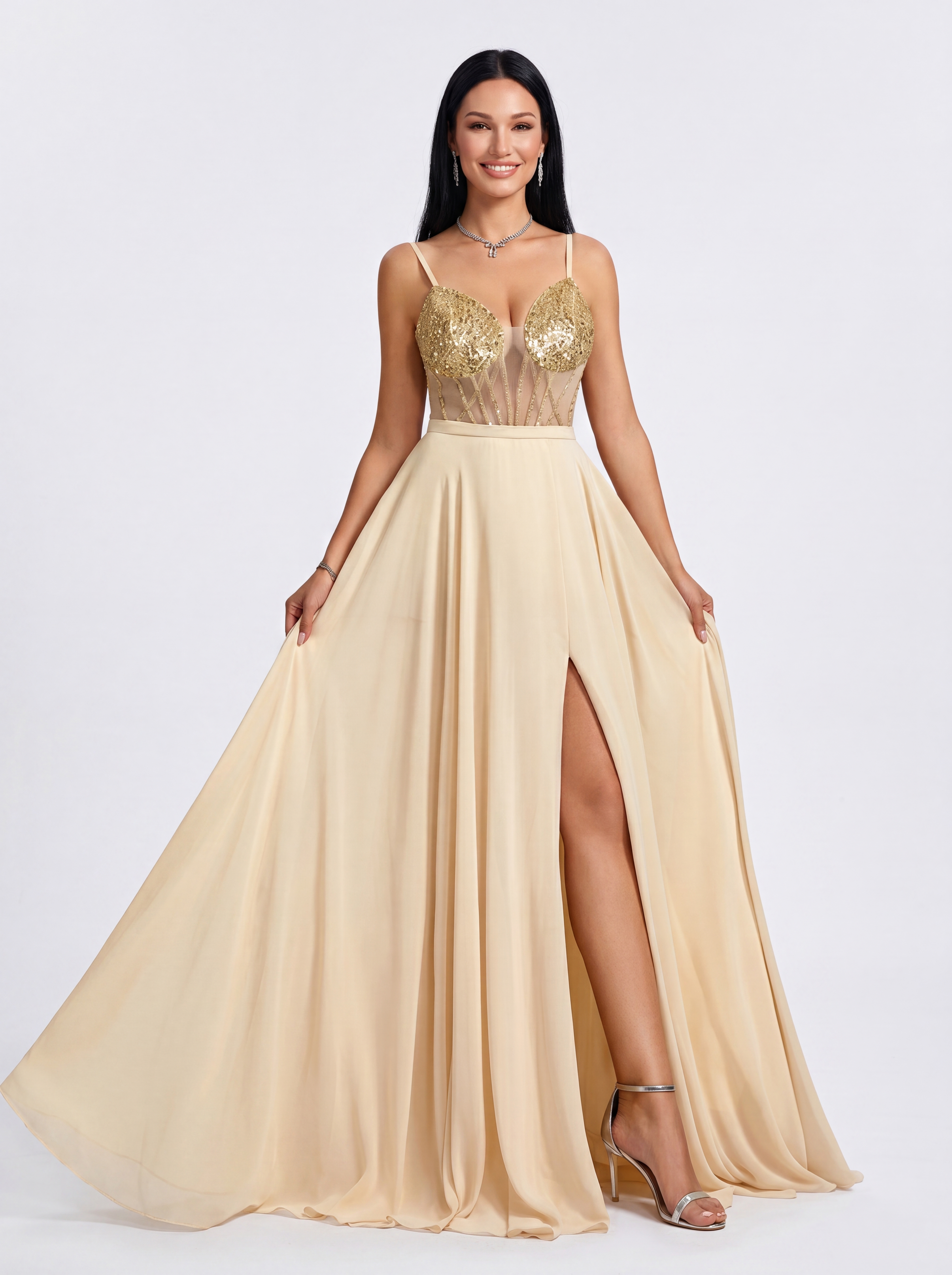 Champagne Ivory Sequin Corset Evening Gown - Illusion Deep V-Neck A-Line Prom Dress with High Slit