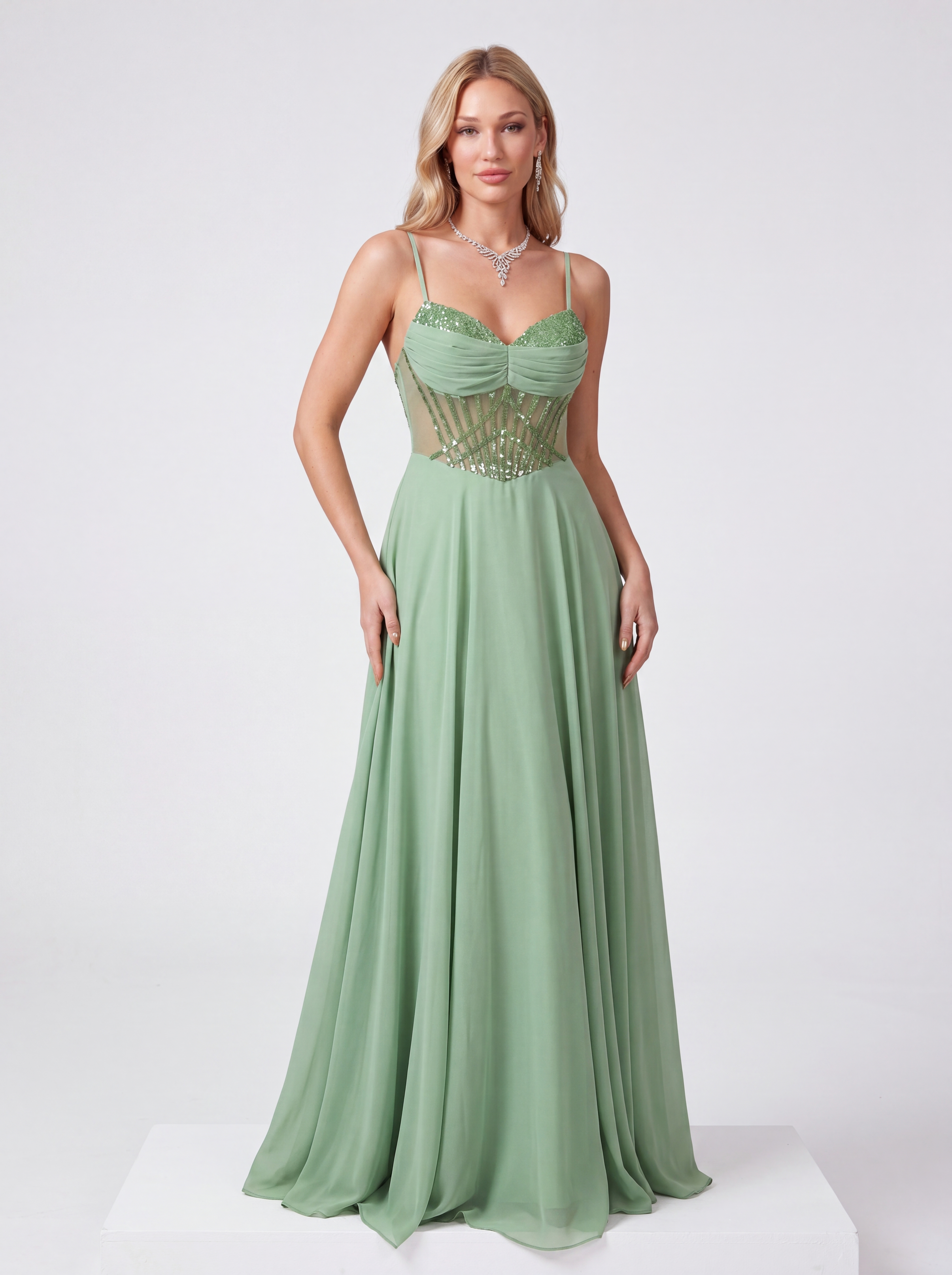 Sage Green Sheer Corset Prom Dress - Chiffon A-Line Evening Gown with High Slit & Sweetheart Neckline