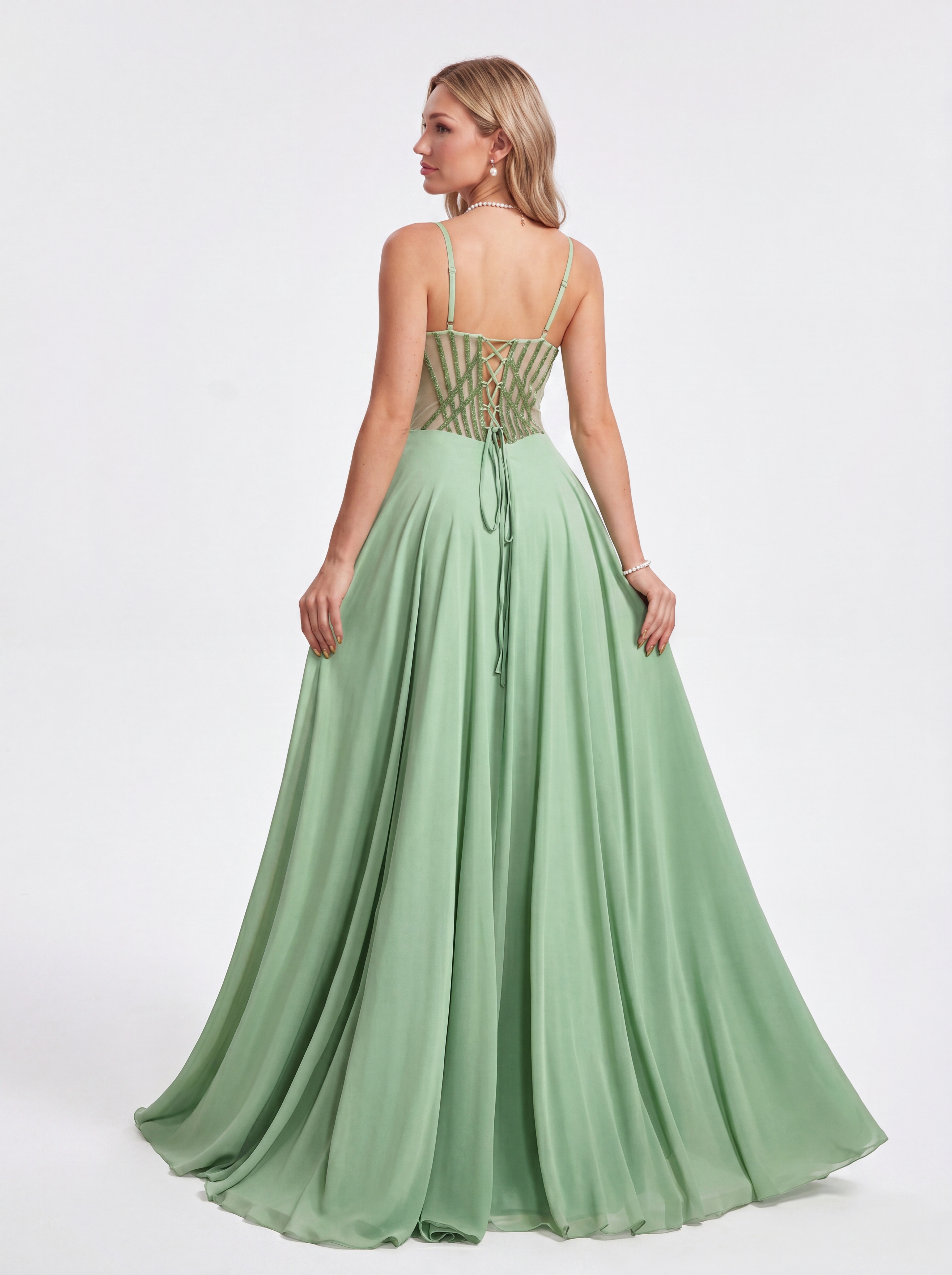 Sage Green Sheer Corset Prom Dress - Chiffon A-Line Evening Gown with High Slit & Sweetheart Neckline