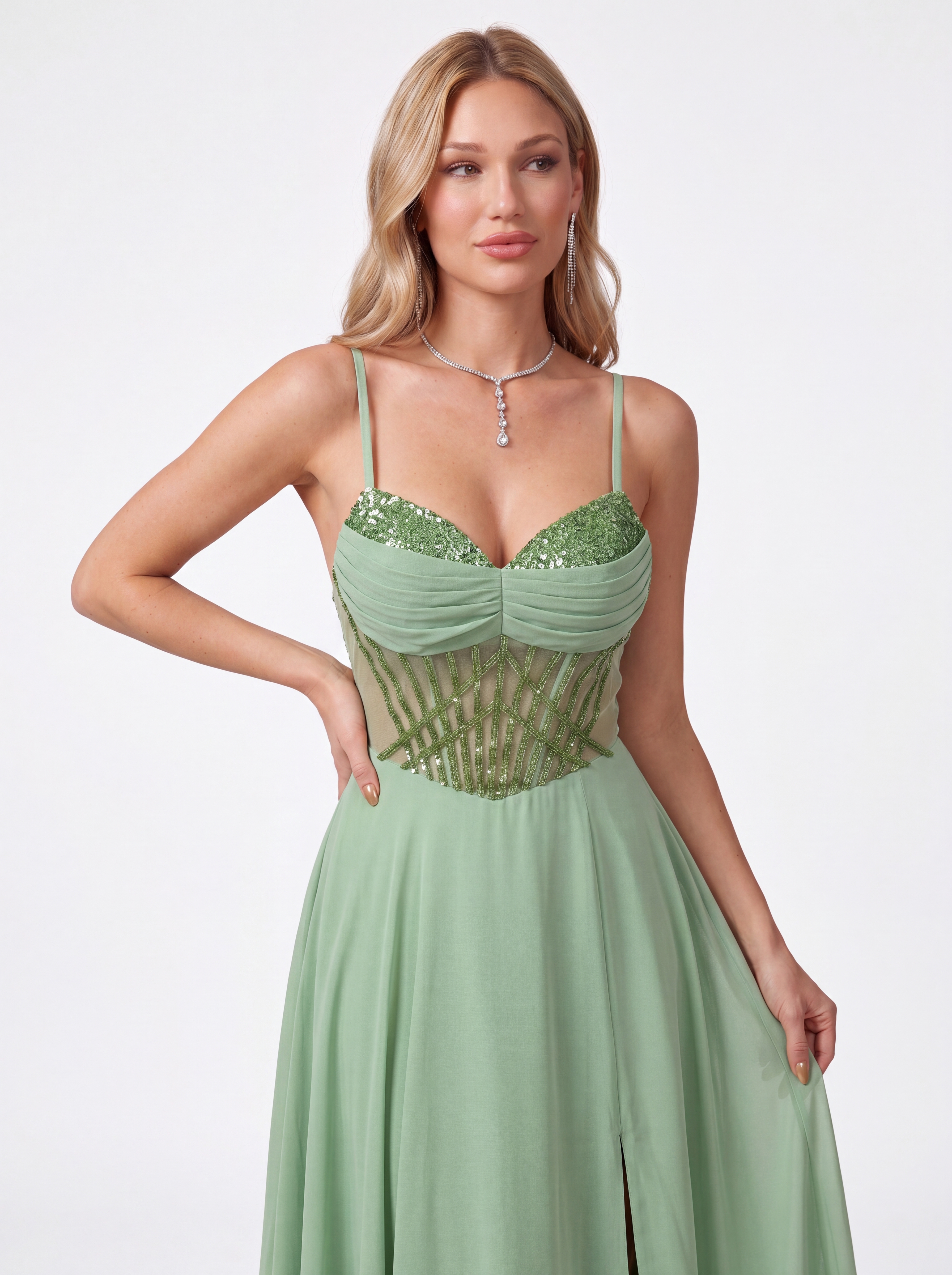 Sage Green Sheer Corset Prom Dress - Chiffon A-Line Evening Gown with High Slit & Sweetheart Neckline