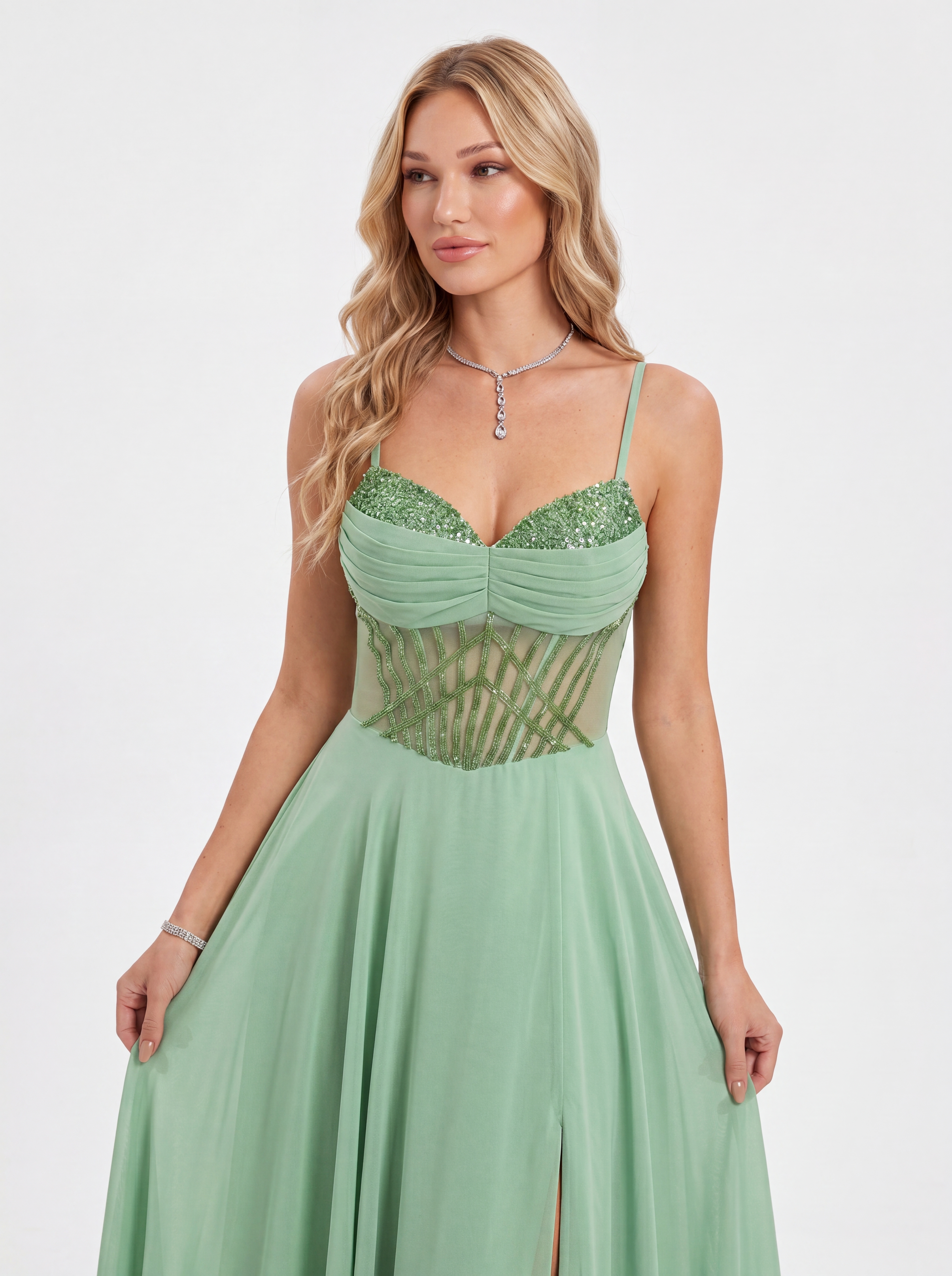 Sage Green Sheer Corset Prom Dress - Chiffon A-Line Evening Gown with High Slit & Sweetheart Neckline