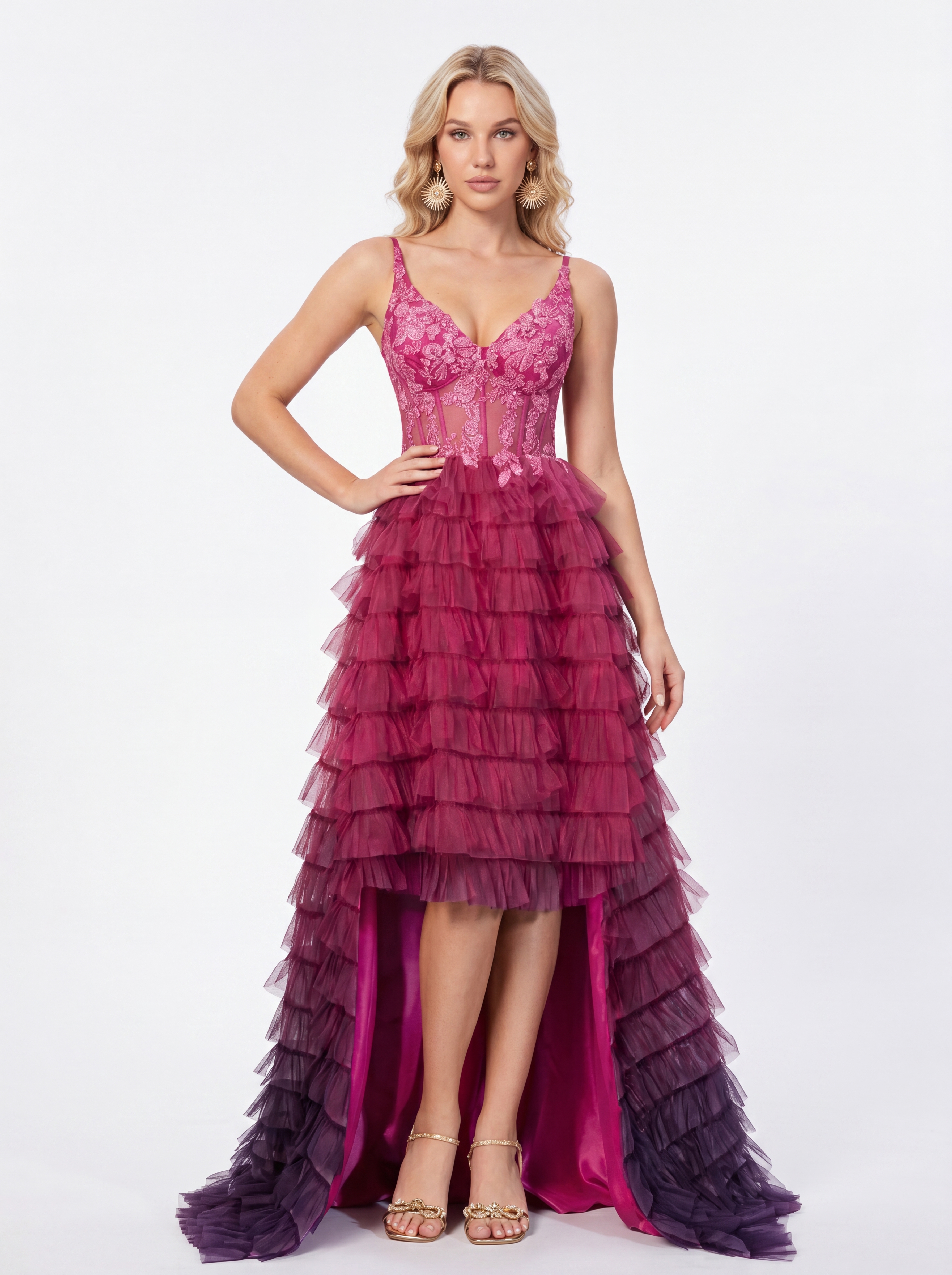 Fuchsia pink High-Low Evening Gown - Sheer Corset Ruffled Tulle Prom Dress with Floral Embroidery