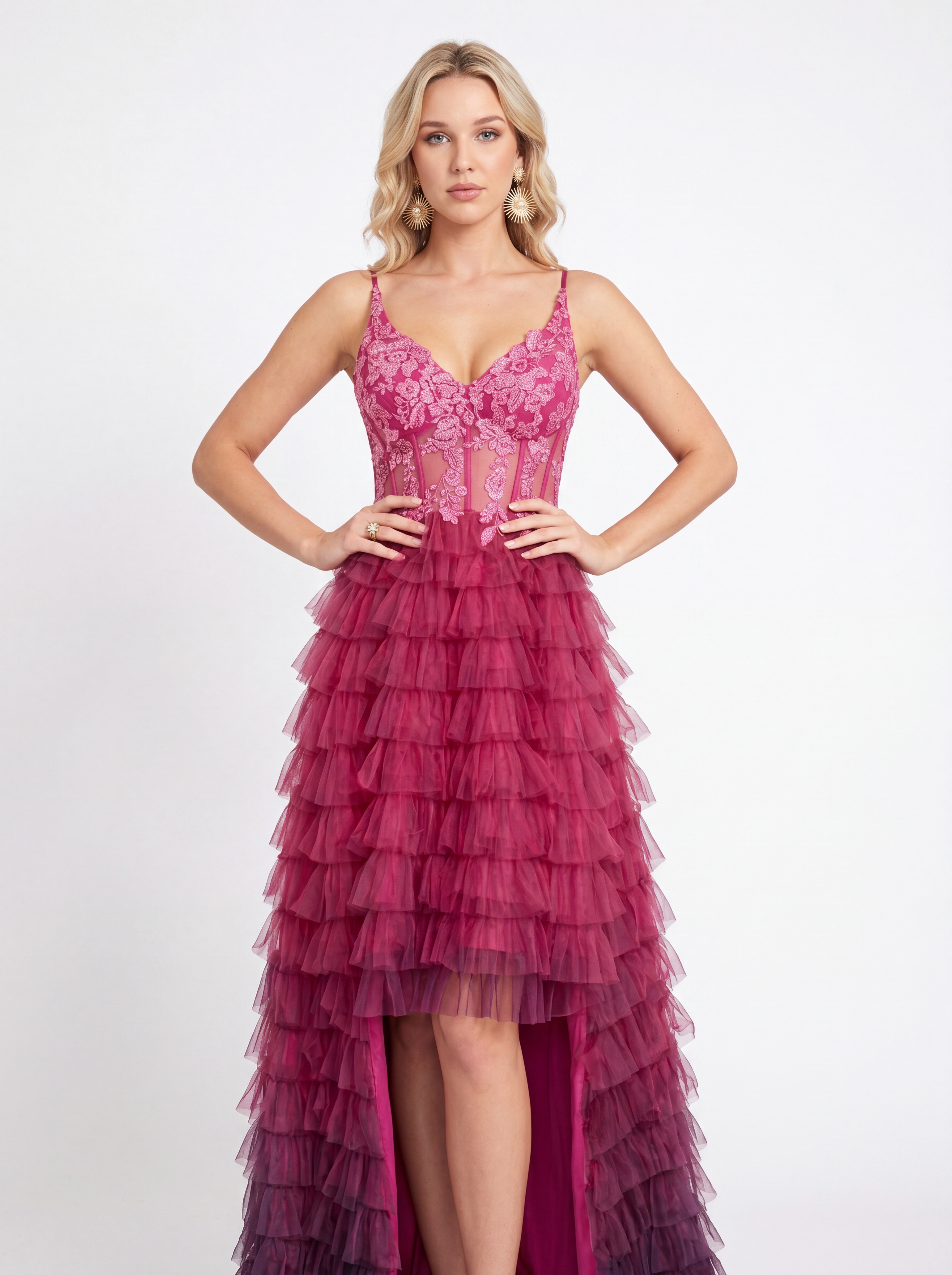 Fuchsia pink High-Low Evening Gown - Sheer Corset Ruffled Tulle Prom Dress with Floral Embroidery