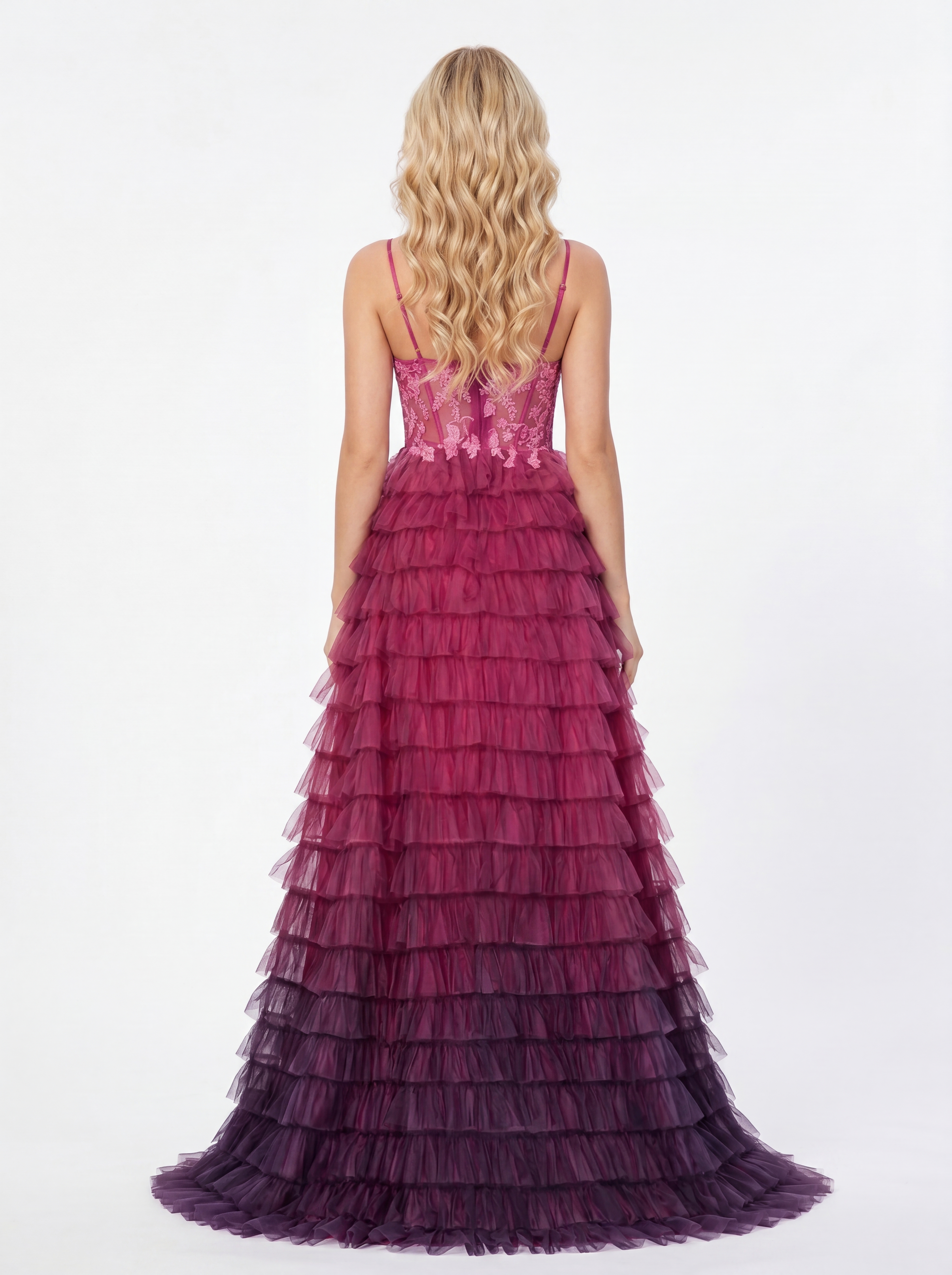 Fuchsia pink High-Low Evening Gown - Sheer Corset Ruffled Tulle Prom Dress with Floral Embroidery