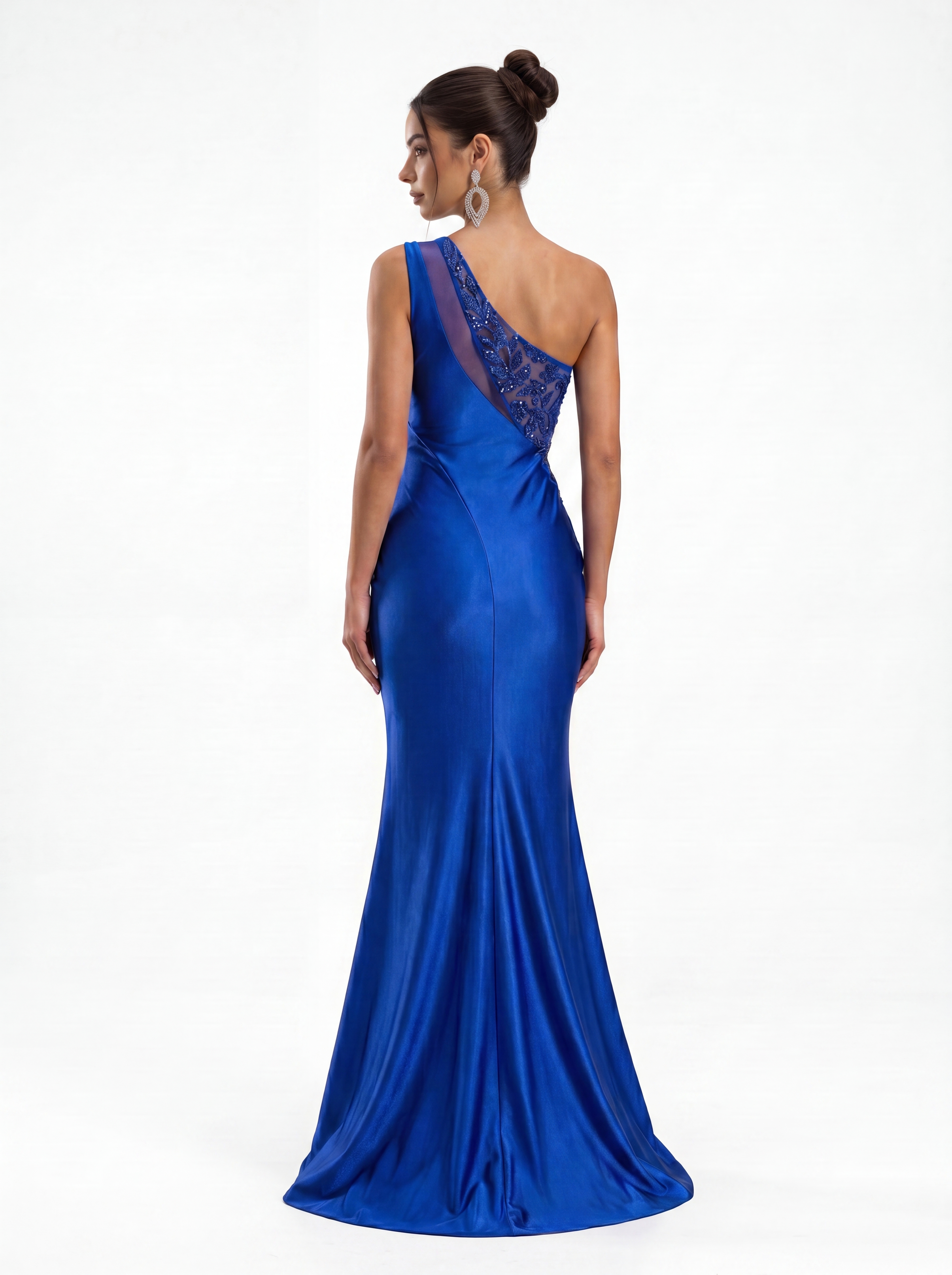 Royal Blue Satin One-Shoulder Mermaid Evening Gown - Ruched Prom Dress with High Slit & Lace Applique