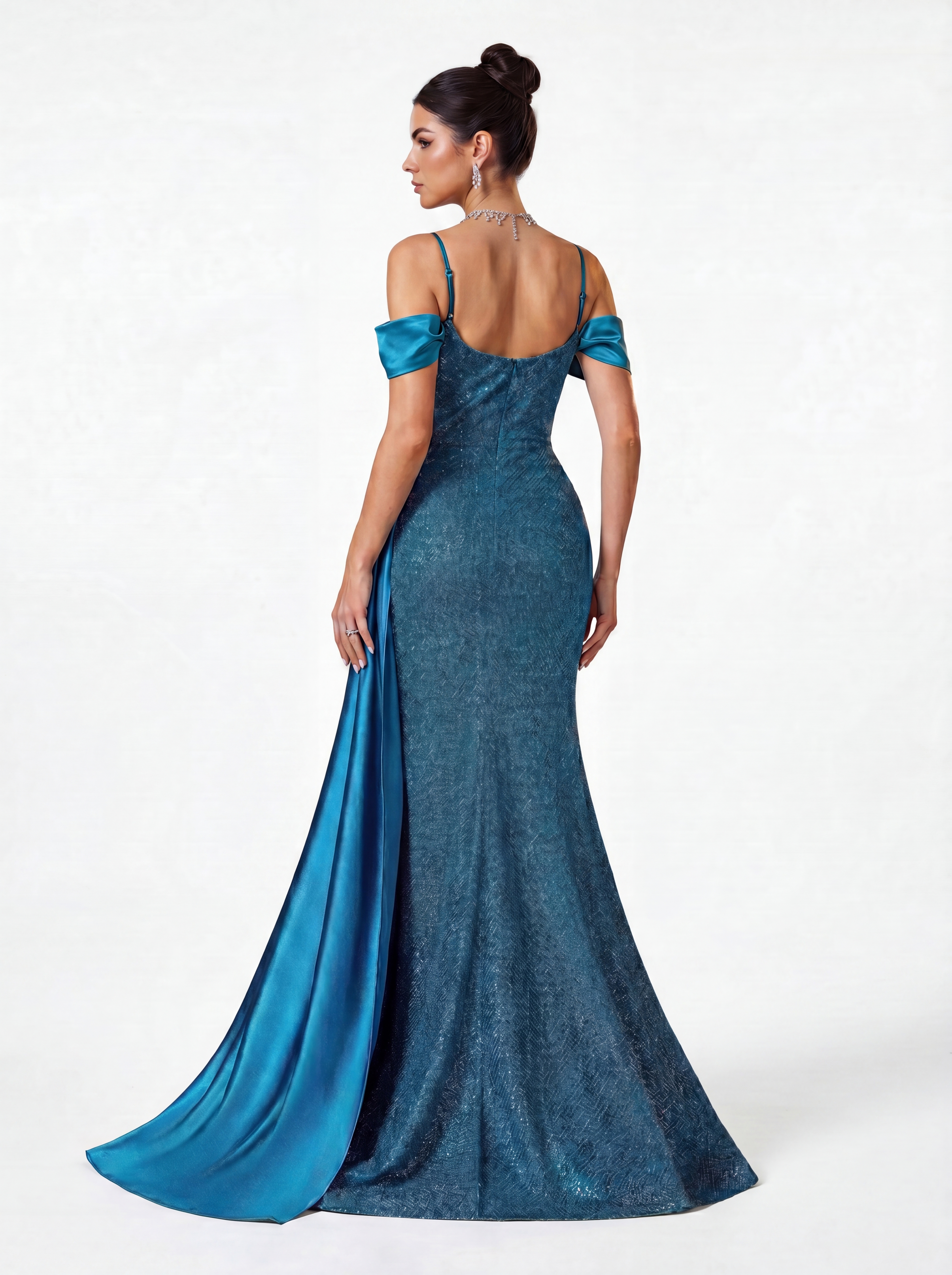 Teal Blue Glitter Mermaid Prom Dress - Cold Shoulder Evening Gown with Satin Side Train & High Slit