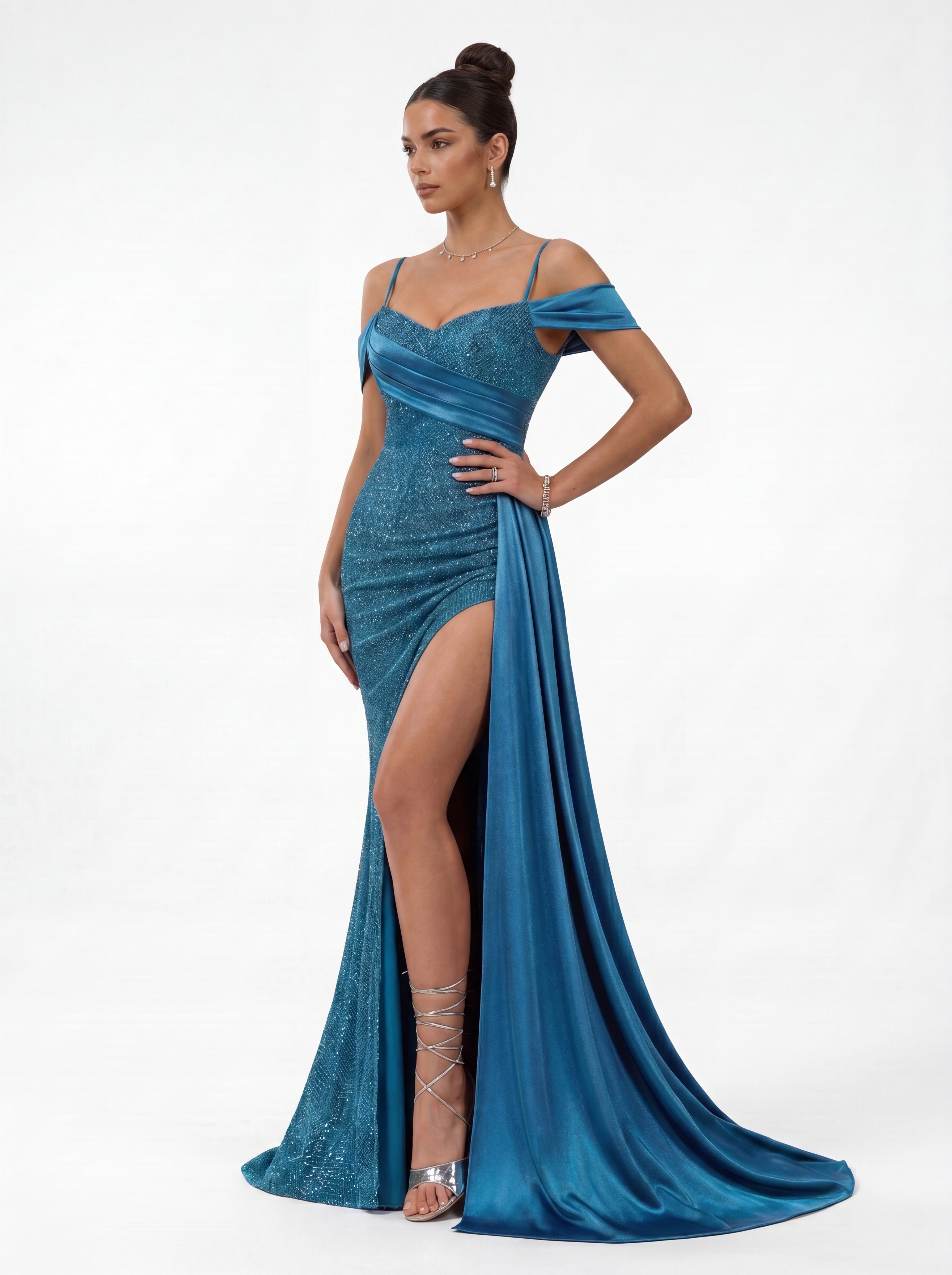 Teal Blue Glitter Mermaid Prom Dress - Cold Shoulder Evening Gown with Satin Side Train & High Slit