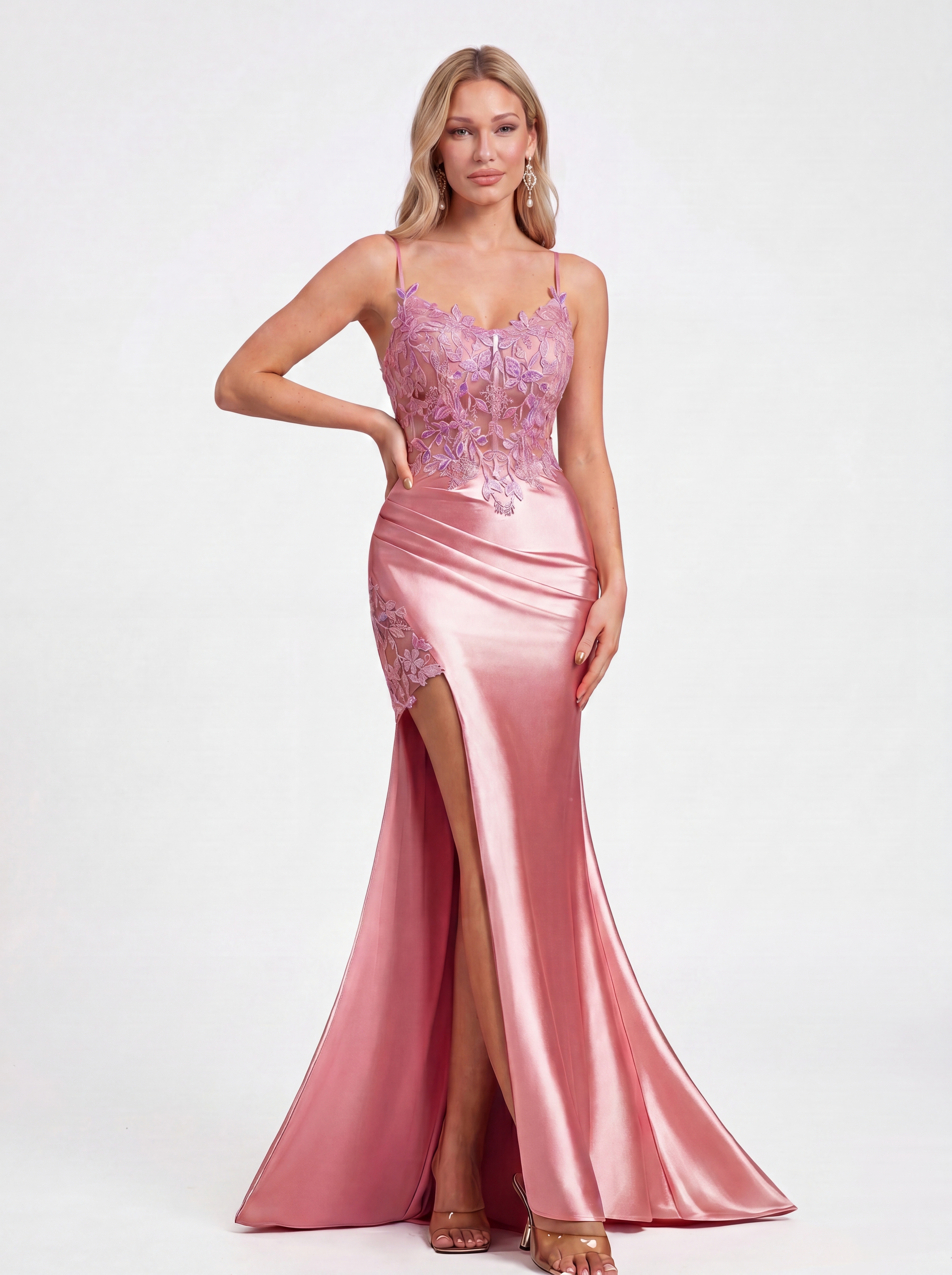 Blush Satin Mermaid Prom Dress - Illusion Gold Lace Corset Evening Gown with High Slit & Ruched Waist