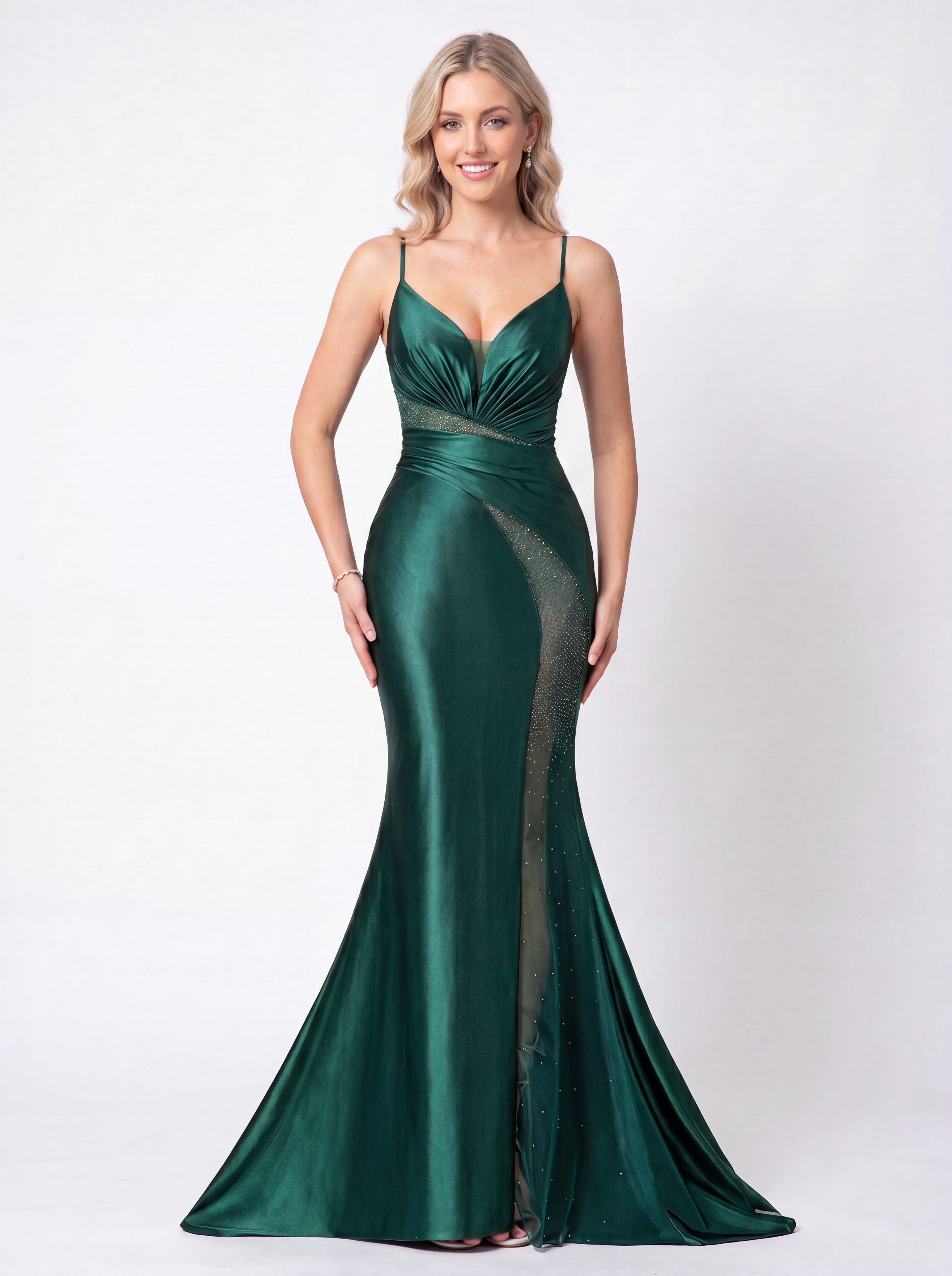 Emerald Green Satin Mermaid Prom Dress - Illusion V-Neck Evening Gown with Asymmetrical Sheer Rhinestone Panel