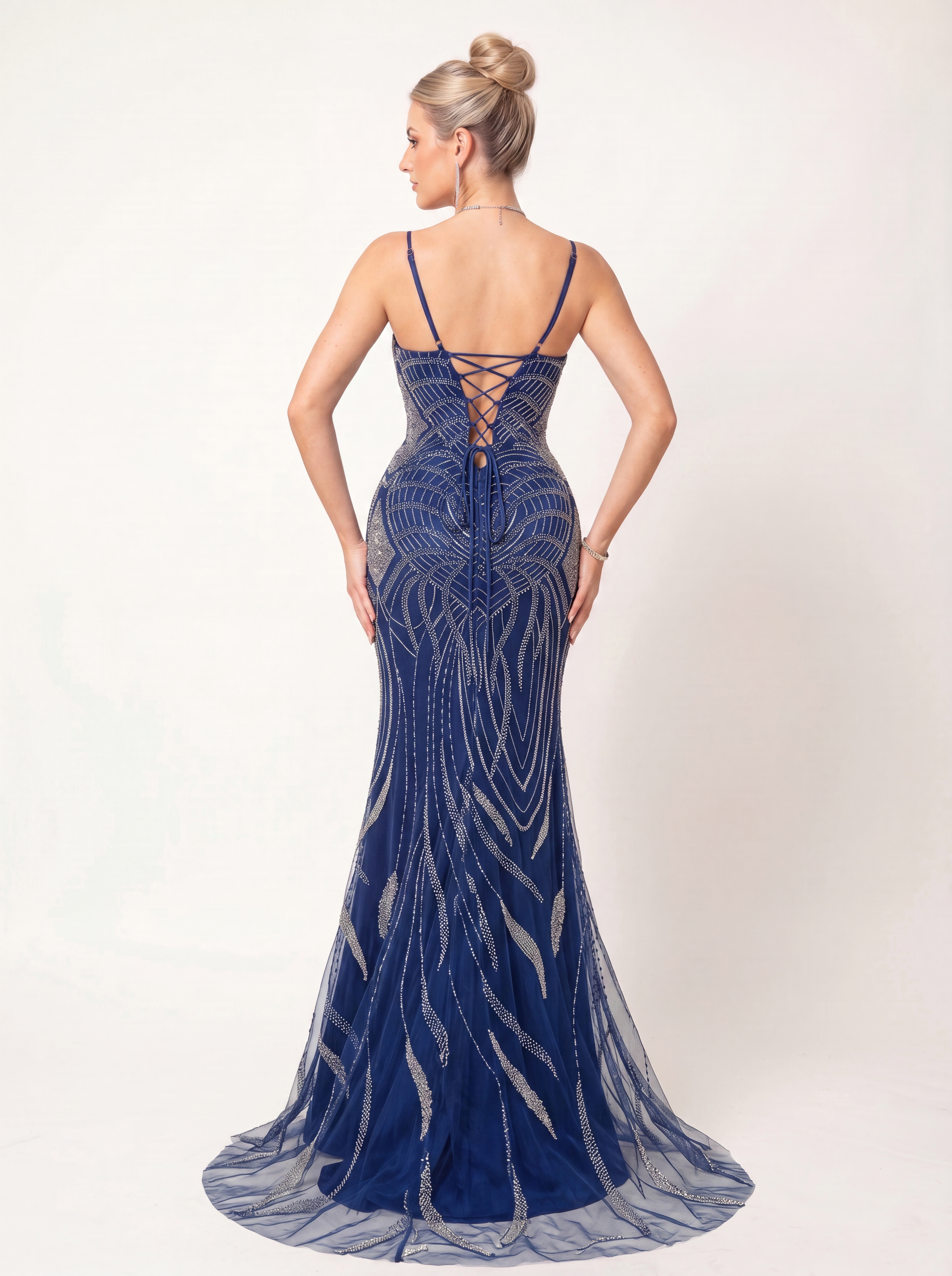 Sparkling Royal Blue Art Deco Mermaid Evening Gown - Illusion V-Neck Beaded Prom Dress with High Slit