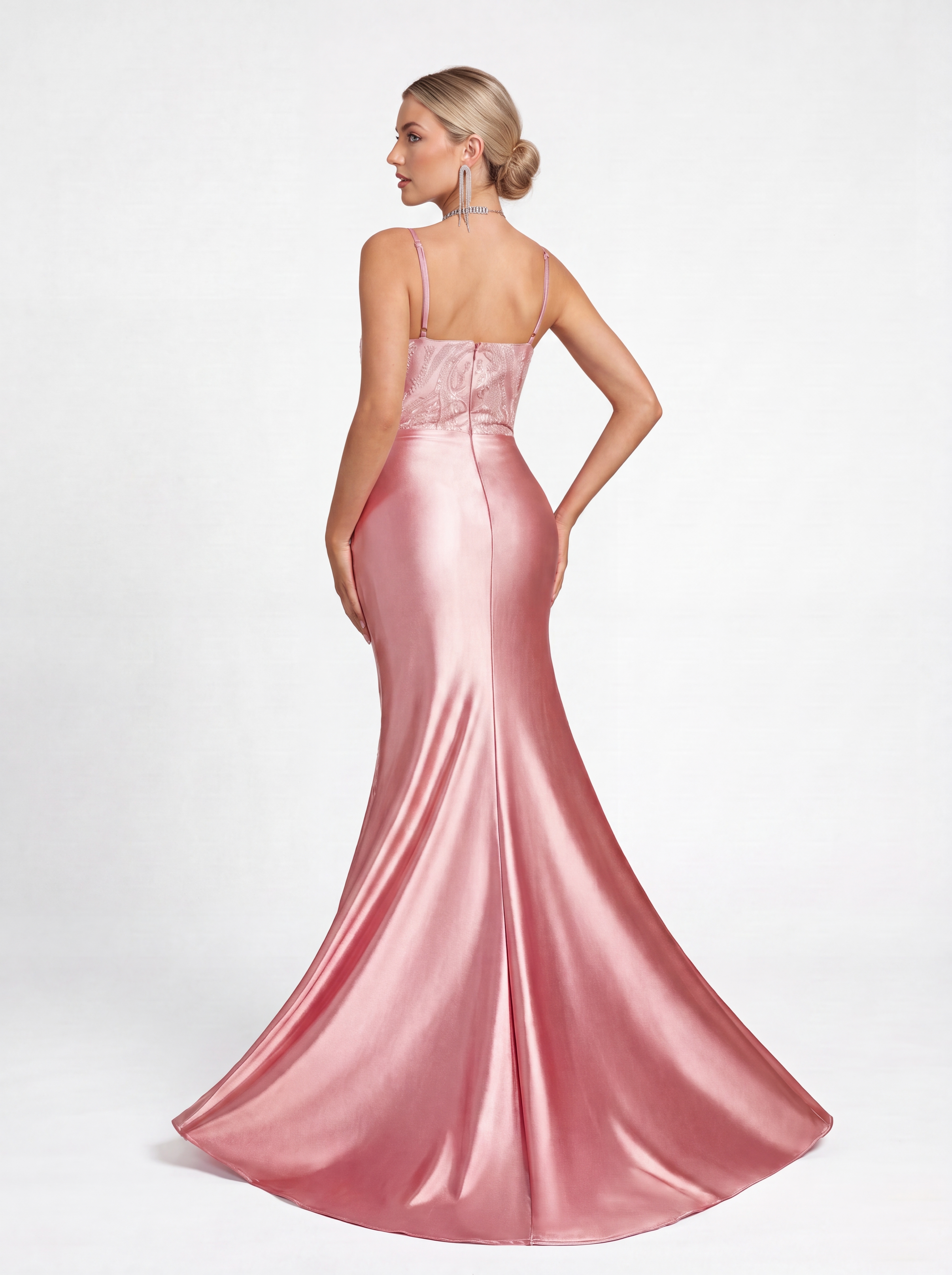 Blush Pink Beaded Satin Mermaid Evening Gown - Asymmetrical Draped Prom Dress with Illusion V-Neck & High Slit