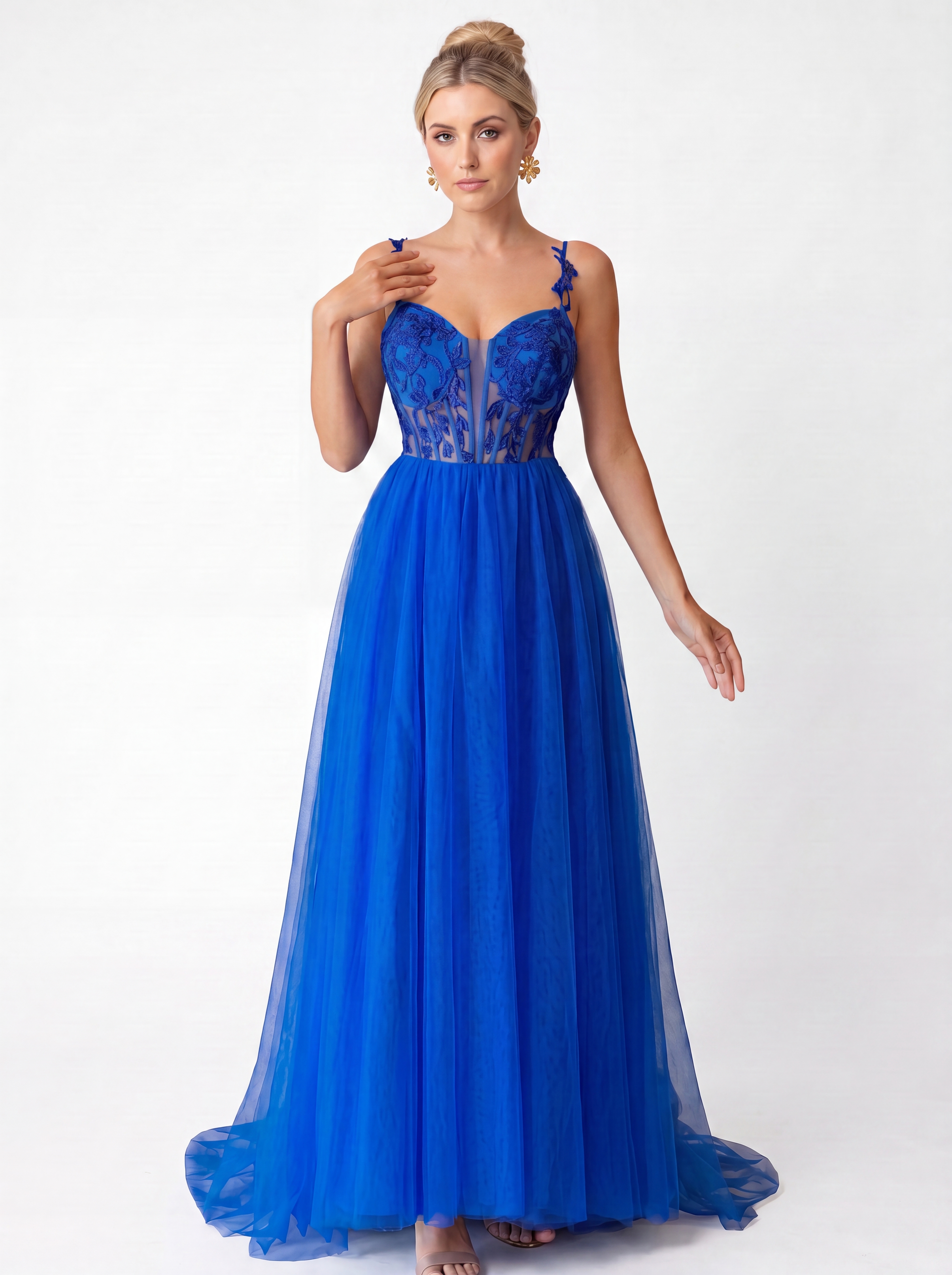 Elegant Royal Blue Lace Applique Prom Dress - Sweetheart Corset Evening Gown & Tulle Party Maxi