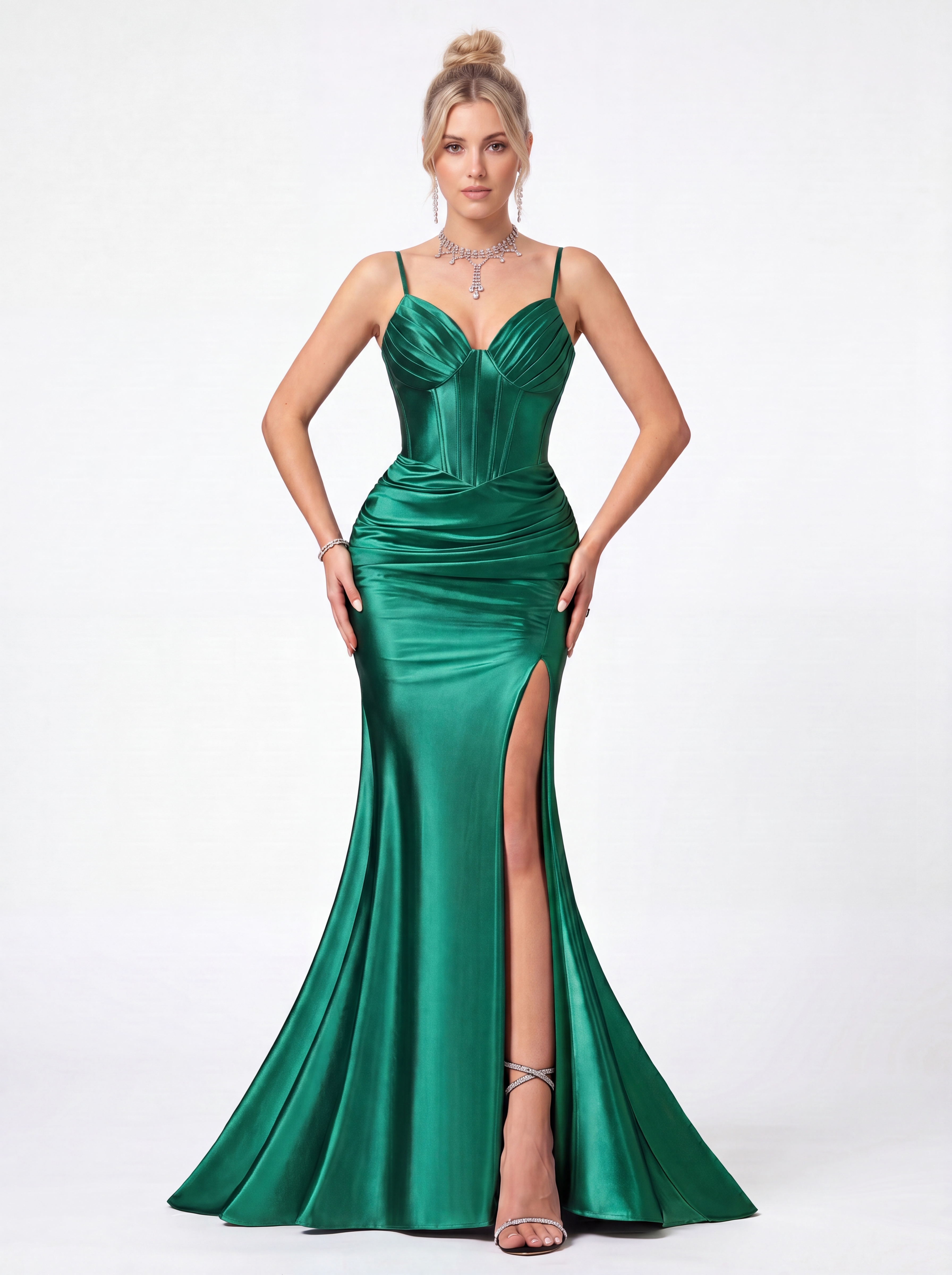 Emerald Green Satin Mermaid Prom Dress - Sweetheart Corset Evening Gown with Ruched Waist & High Slit