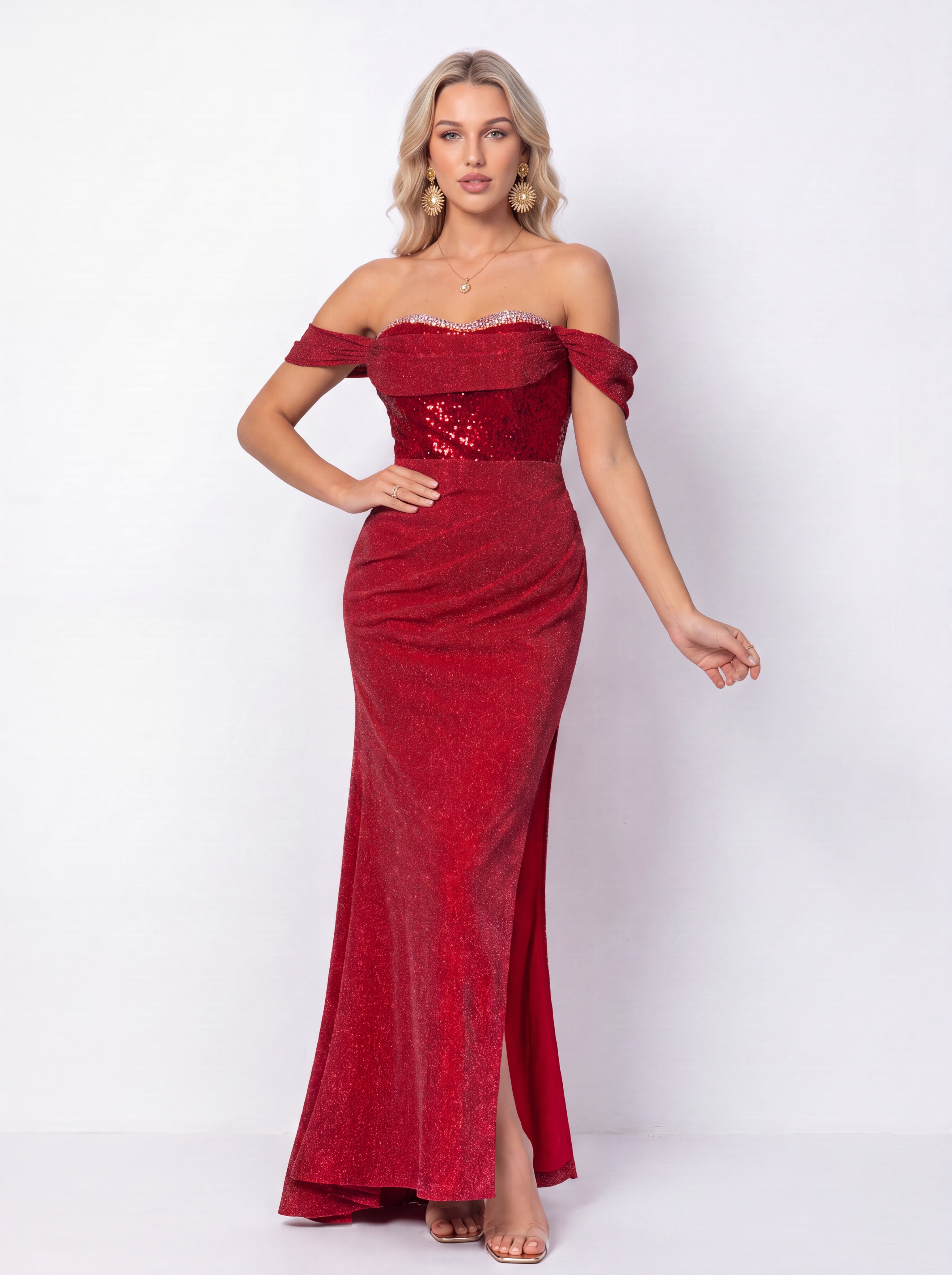 Glamorous Red Off-Shoulder Mermaid Prom Dress - Shimmer Sequin Bodycon Gown for Black-Tie Gala & Red Carpet