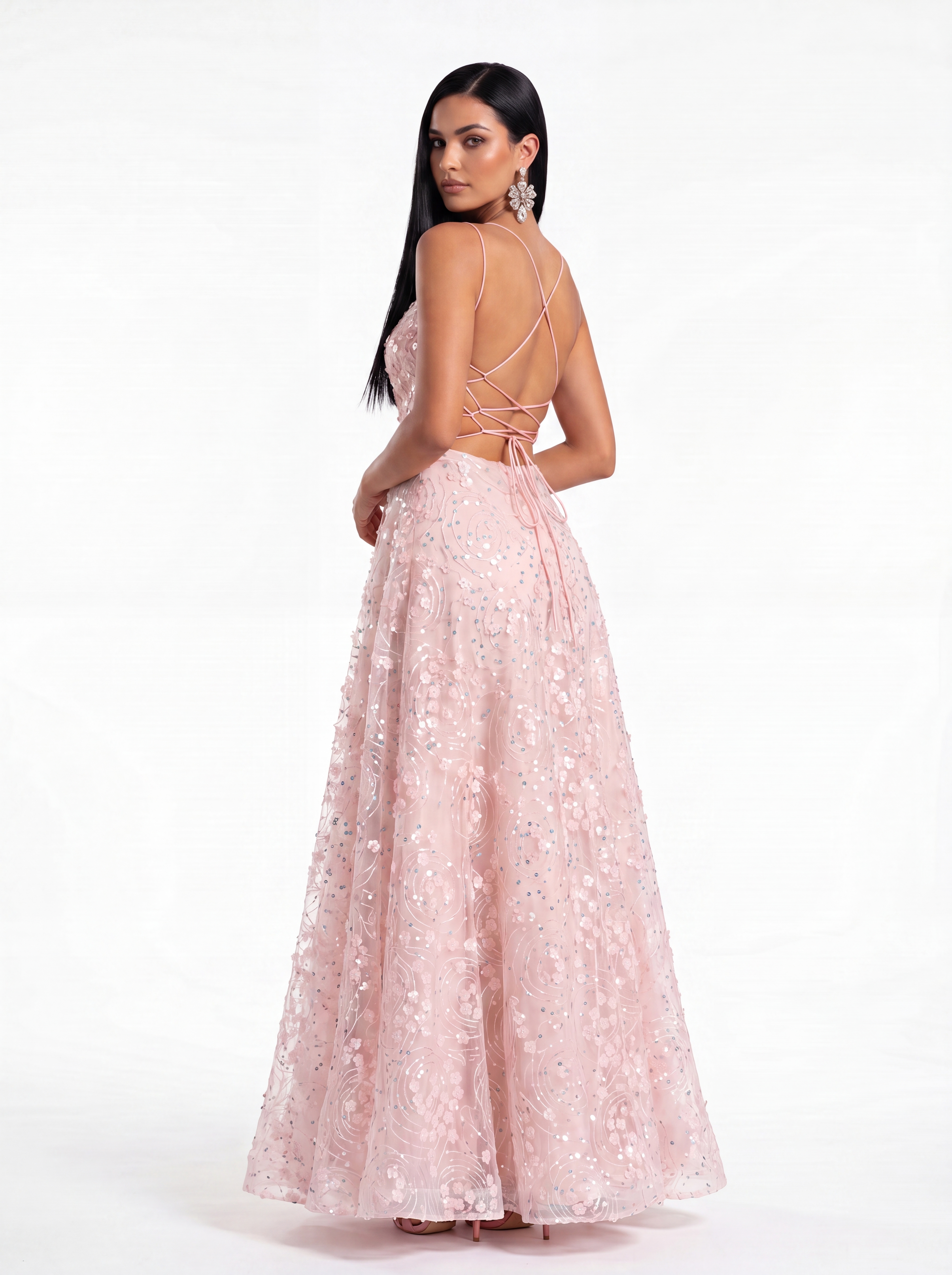 Romantic Blush 3D Floral A-Line Prom Dress - Spaghetti Strap V-Neck Evening Gown with High Slit & Illusion Waist
