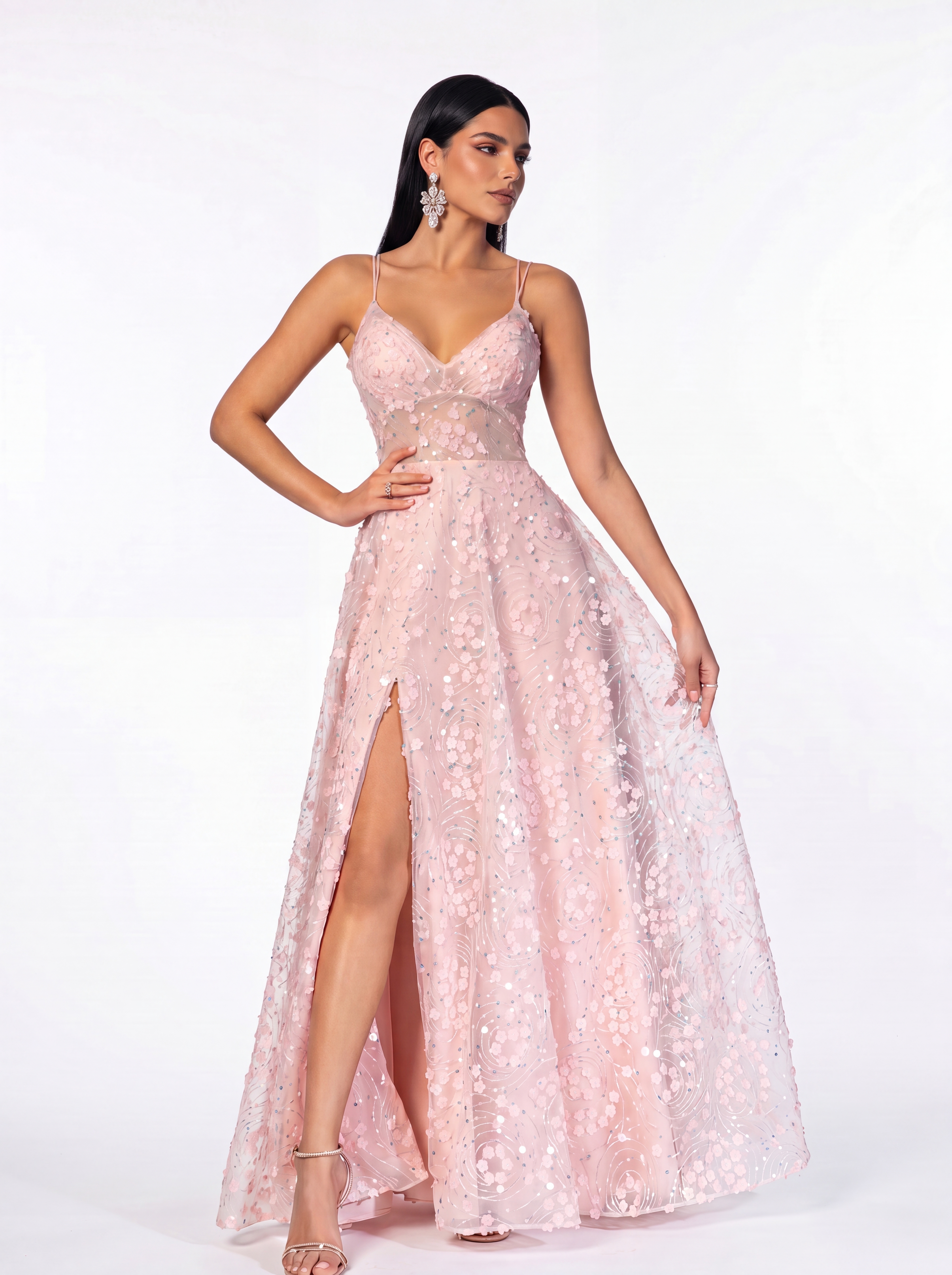 Romantic Blush 3D Floral A-Line Prom Dress - Spaghetti Strap V-Neck Evening Gown with High Slit & Illusion Waist