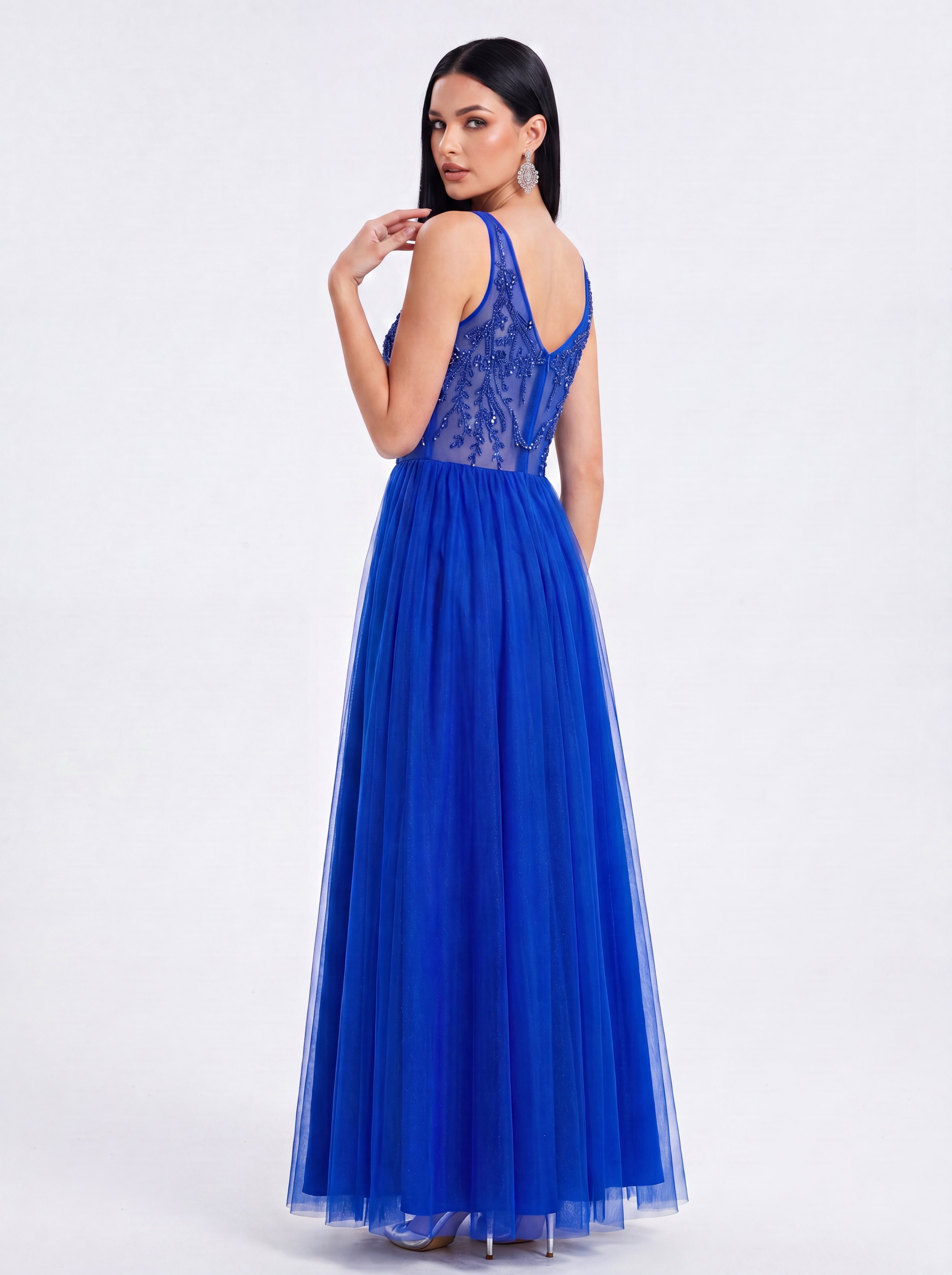 Elegant Royal Blue Beaded V-Neck Evening Gown - Sleeveless Tulle A-Line Prom Dress & Formal Maxi