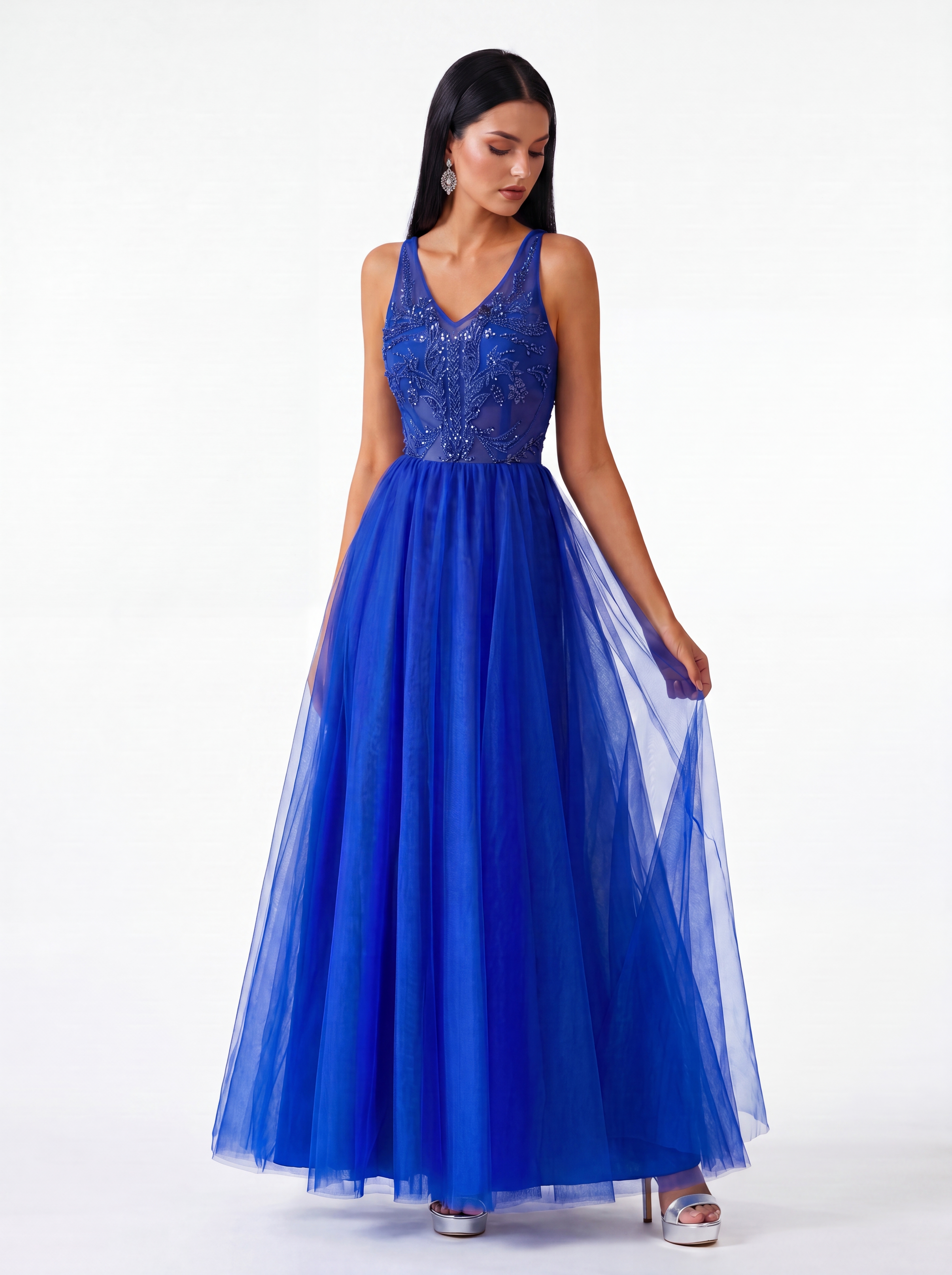 Elegant Royal Blue Beaded V-Neck Evening Gown - Sleeveless Tulle A-Line Prom Dress & Formal Maxi