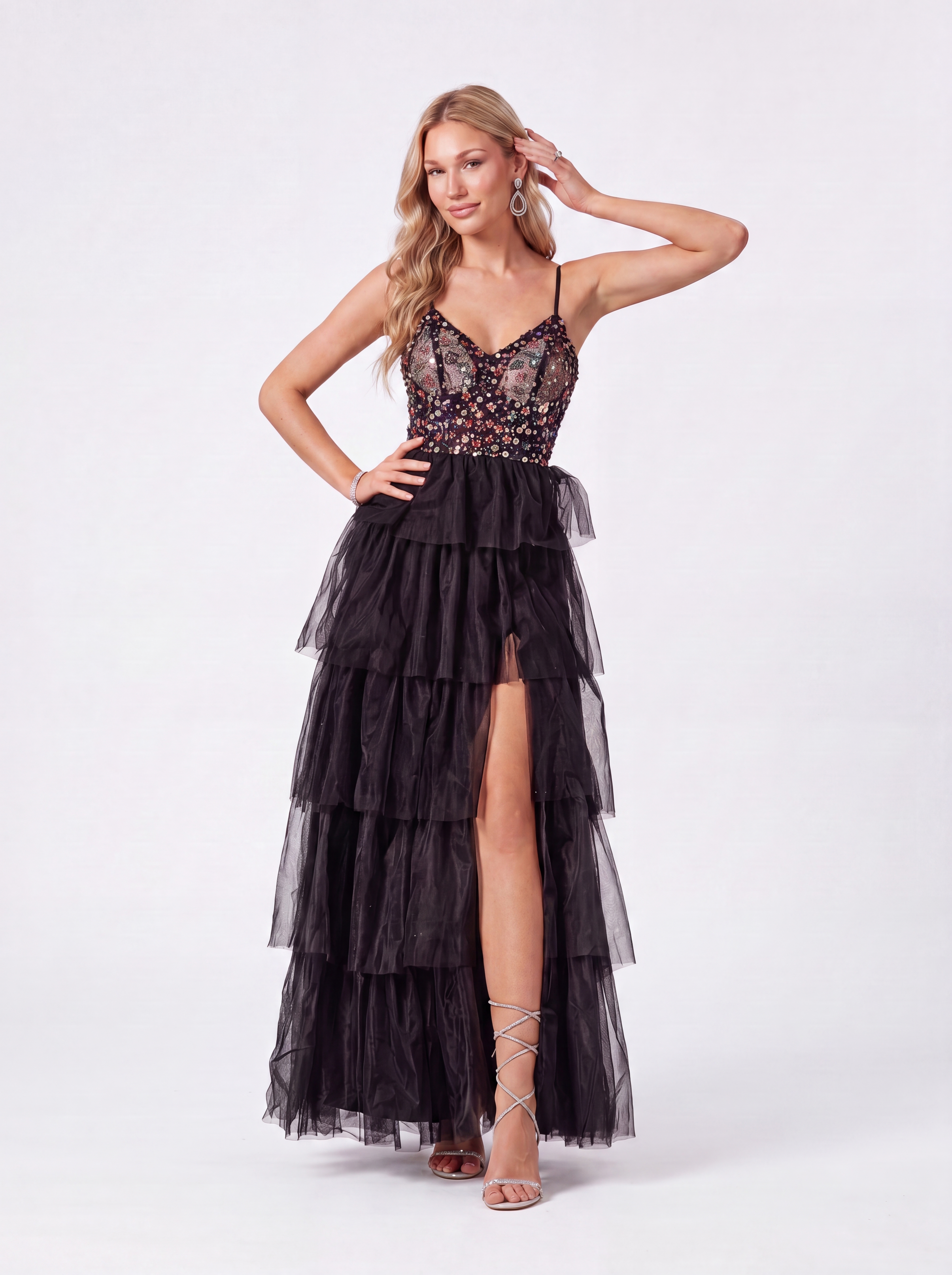 Exquisite Black Tiered Tulle Evening Gown - Floral Beaded Bodice Prom Dress with High Slit & Spaghetti Straps