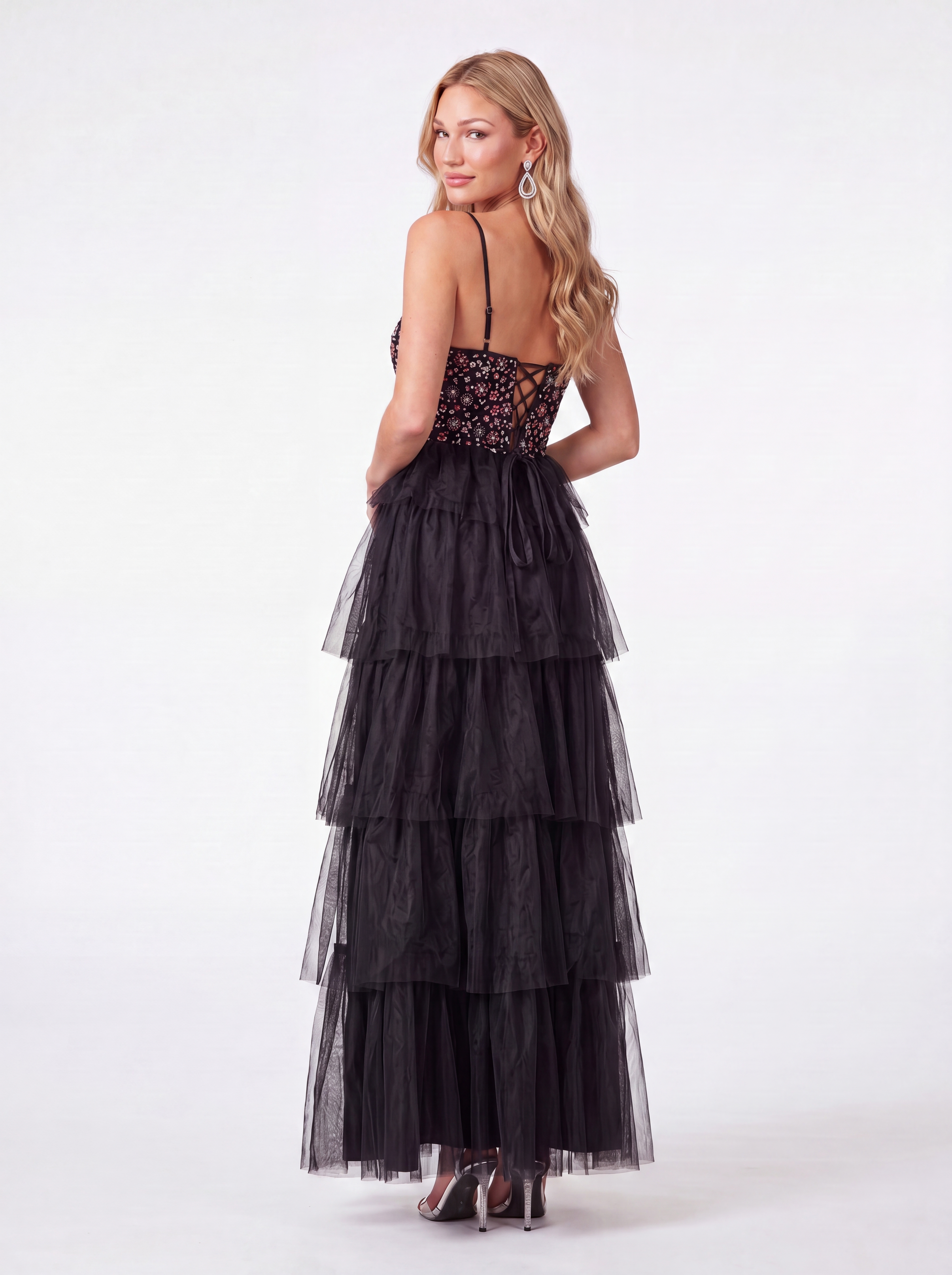 Exquisite Black Tiered Tulle Evening Gown - Floral Beaded Bodice Prom Dress with High Slit & Spaghetti Straps