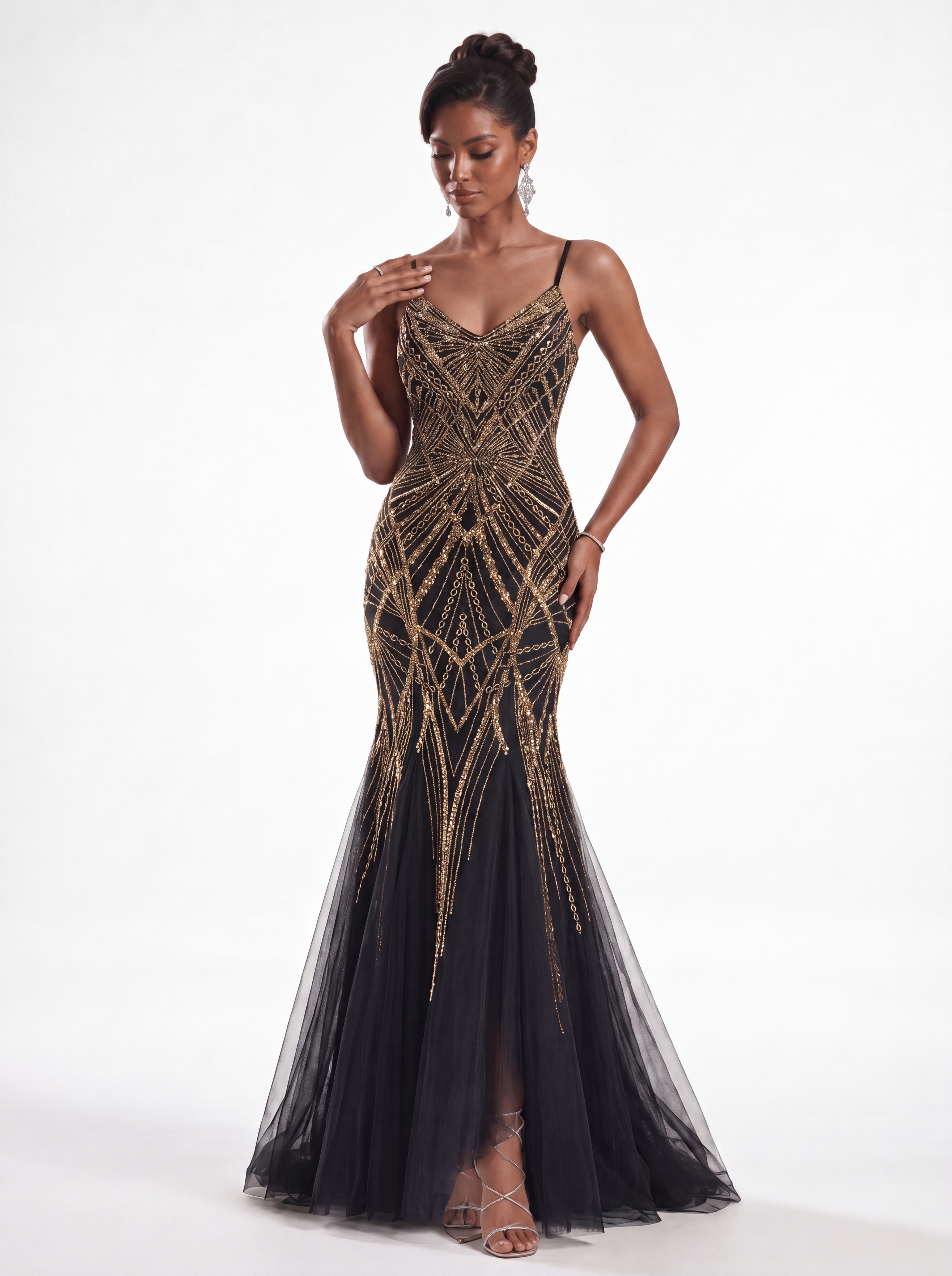 Black Art Deco Crystal Beaded Mermaid Evening Gown - Spaghetti Strap Tulle Prom Dress & Formal Gala Maxi