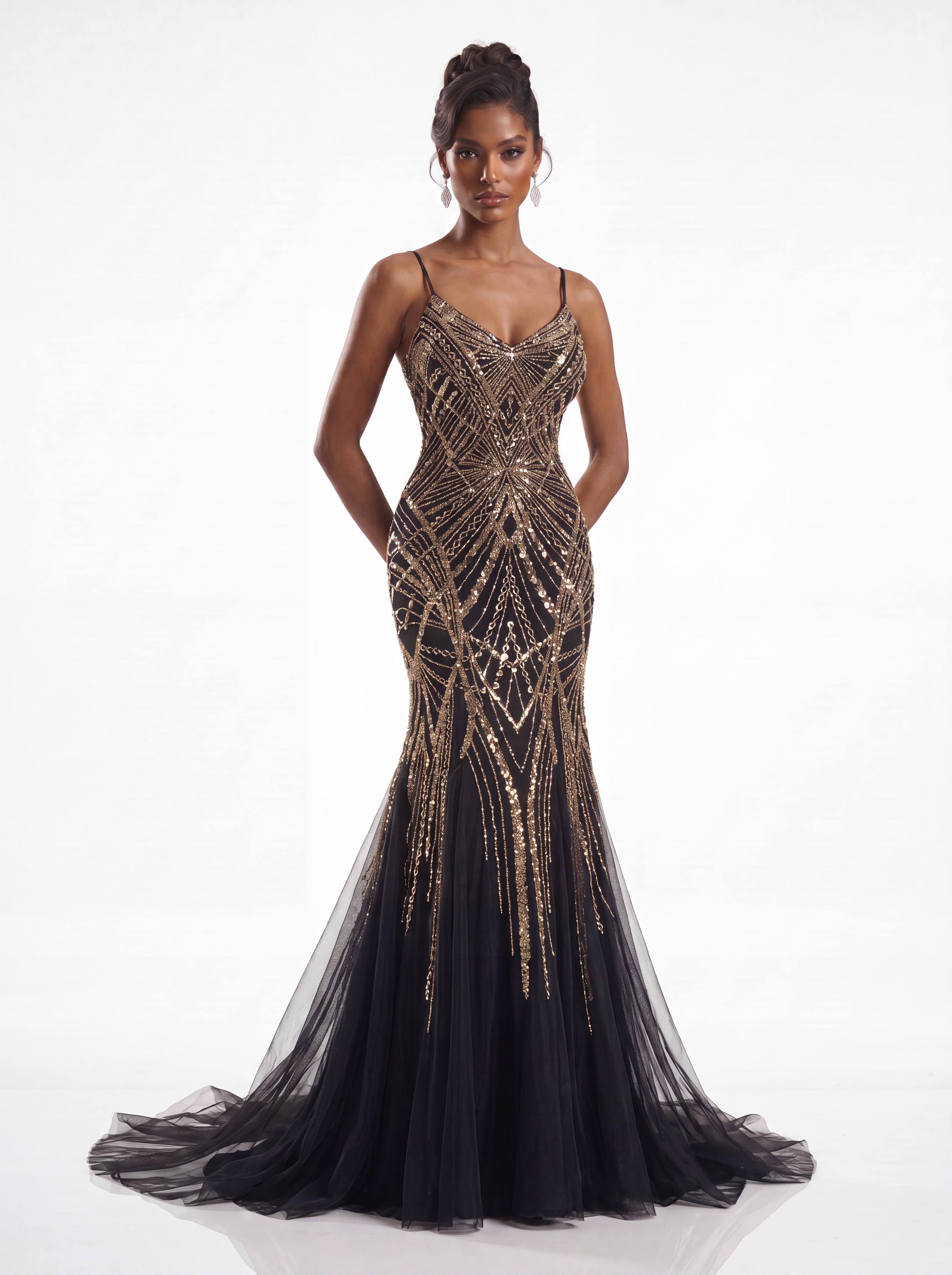 Black Art Deco Crystal Beaded Mermaid Evening Gown - Spaghetti Strap Tulle Prom Dress & Formal Gala Maxi