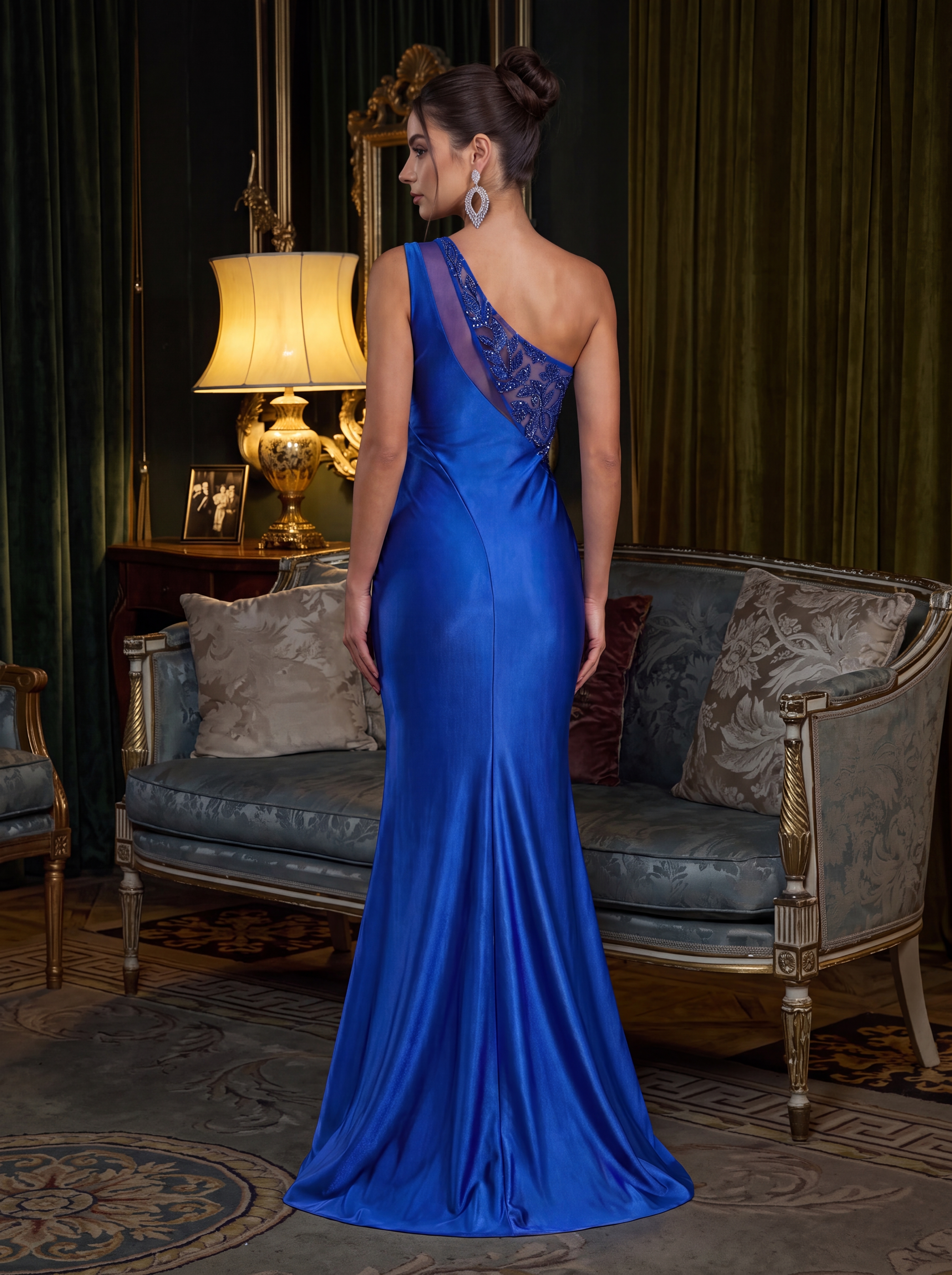 Royal Blue Satin One-Shoulder Mermaid Evening Gown - Ruched Prom Dress with High Slit & Lace Applique
