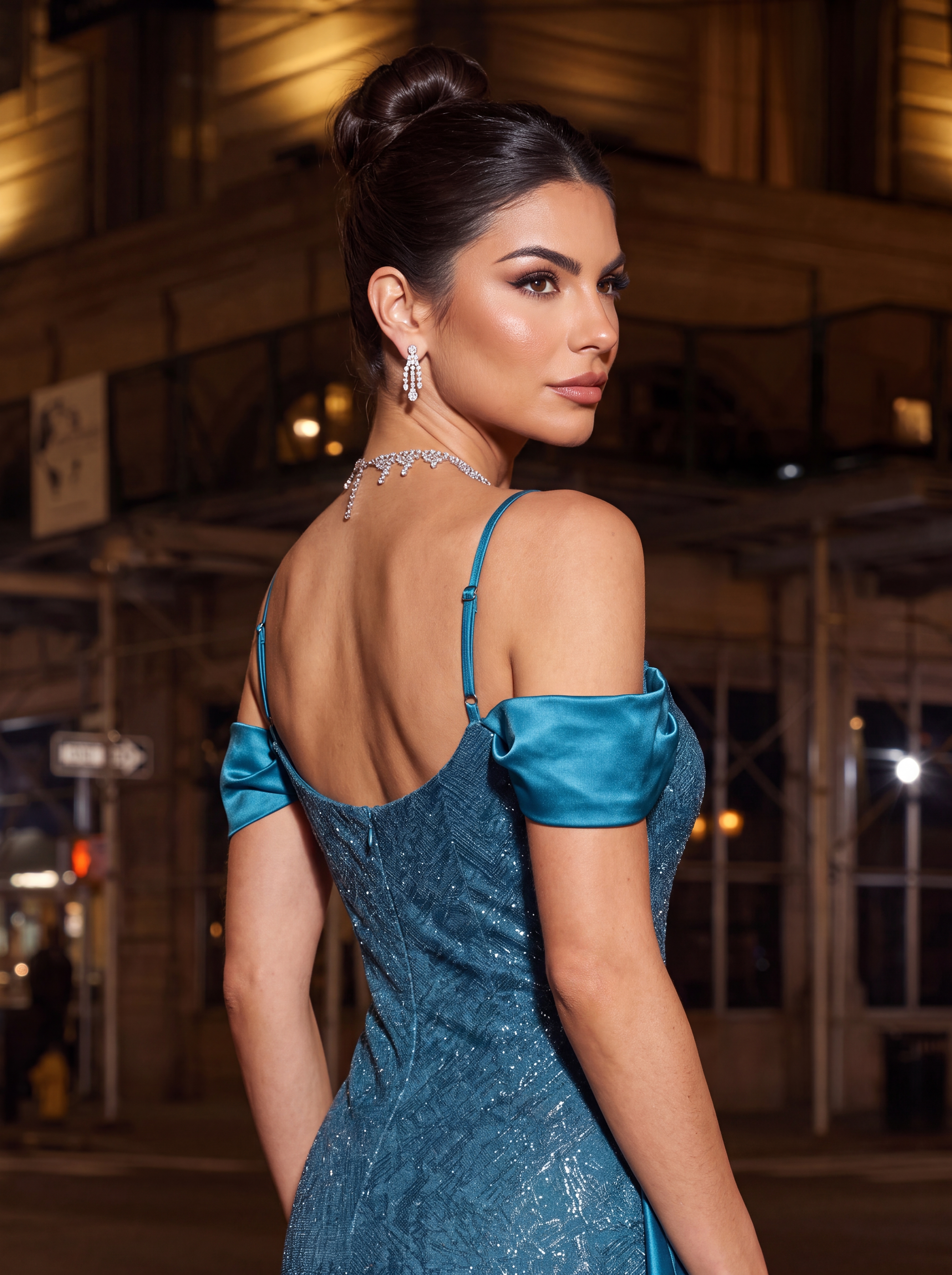Teal Blue Glitter Mermaid Prom Dress - Cold Shoulder Evening Gown with Satin Side Train & High Slit