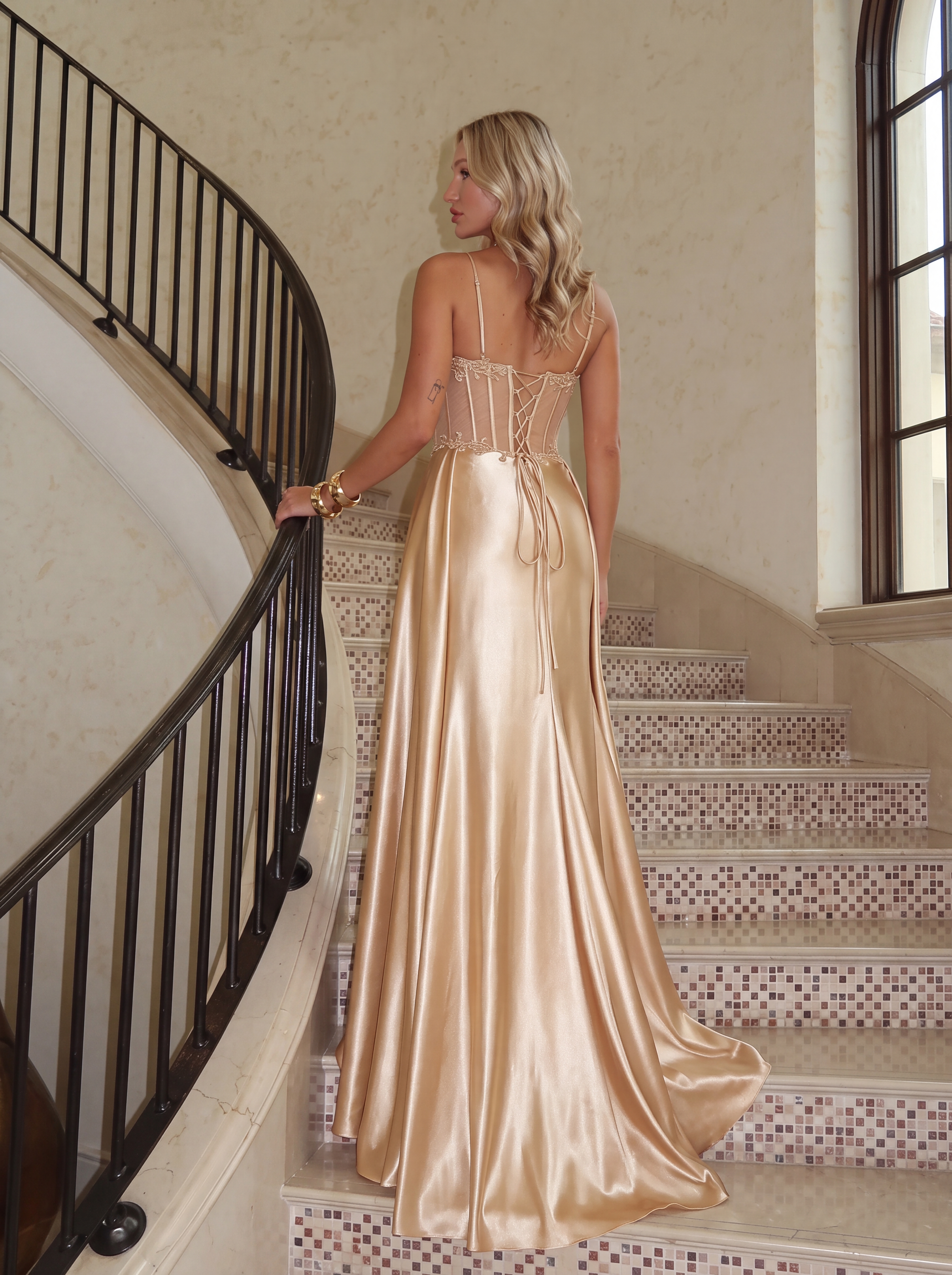 Champagne Gold Satin Mermaid Evening Gown - Illusion Lace Corset Prom Dress with High Slit & Spaghetti Straps