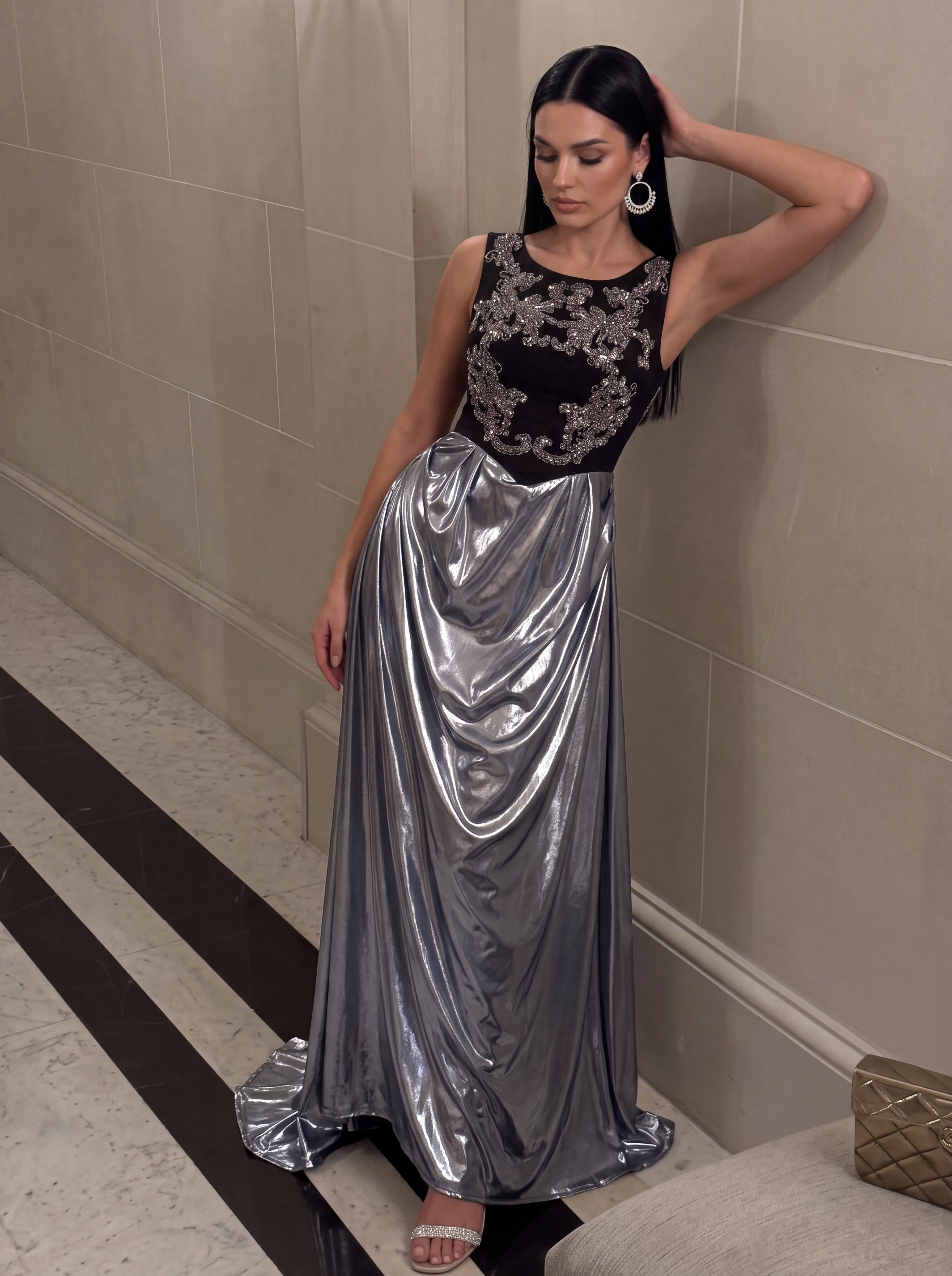 Black Applique Bodice & Metallic Silver Skirt Evening Gown - Scoop Neck Formal Prom Dress & Gala Maxi