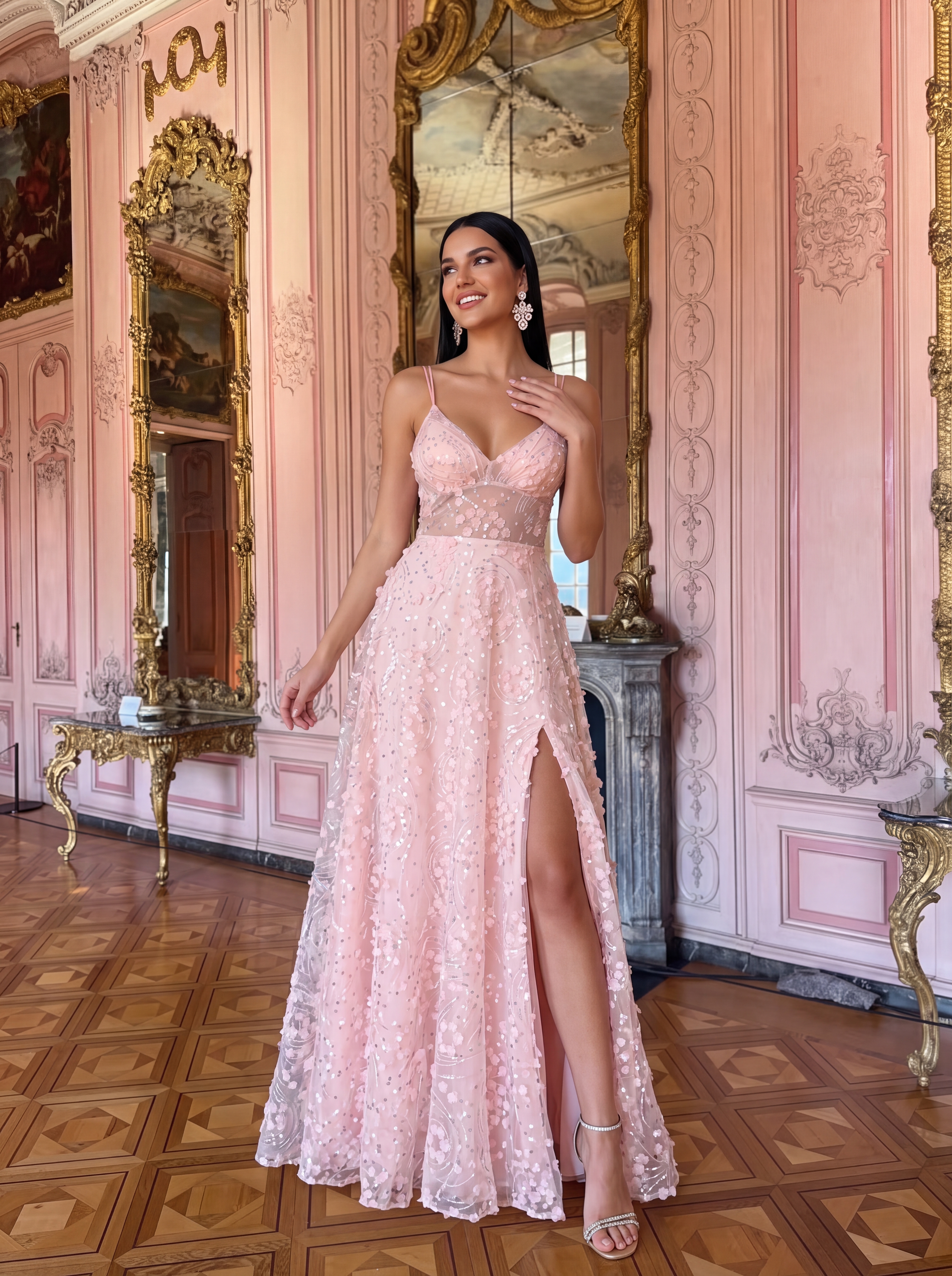 Romantic Blush 3D Floral A-Line Prom Dress - Spaghetti Strap V-Neck Evening Gown with High Slit & Illusion Waist