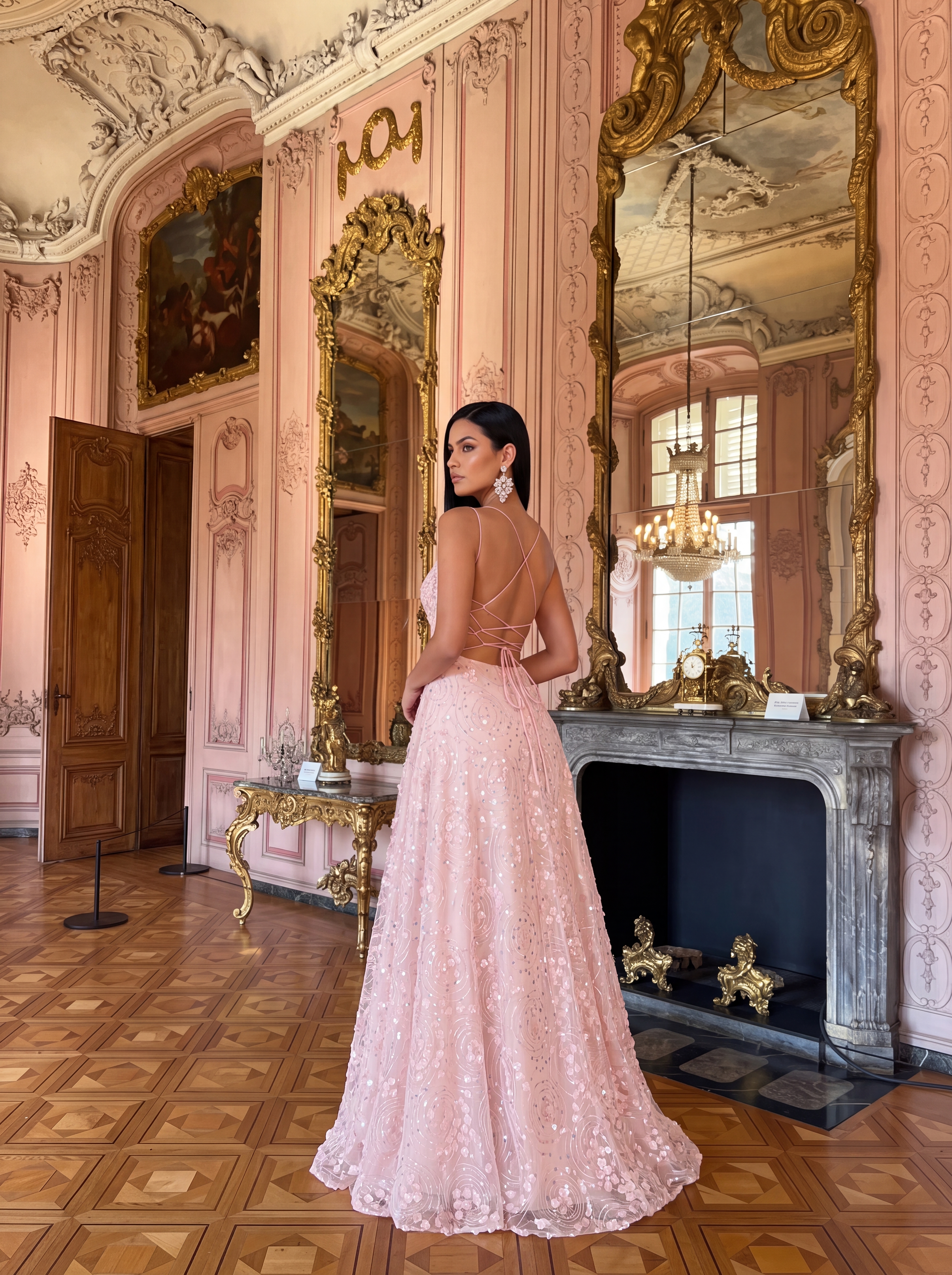 Romantic Blush 3D Floral A-Line Prom Dress - Spaghetti Strap V-Neck Evening Gown with High Slit & Illusion Waist