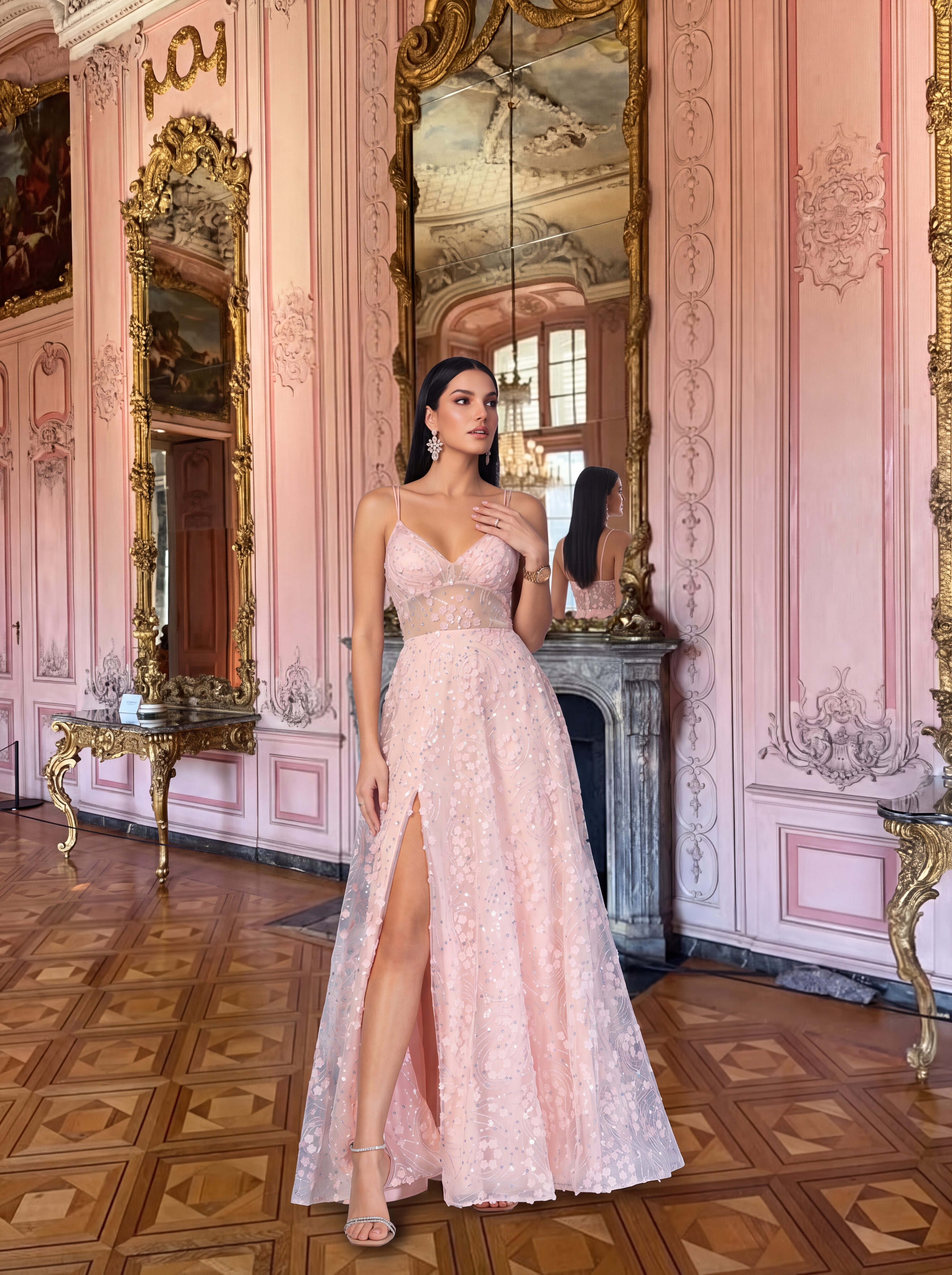 Romantic Blush 3D Floral A-Line Prom Dress - Spaghetti Strap V-Neck Evening Gown with High Slit & Illusion Waist