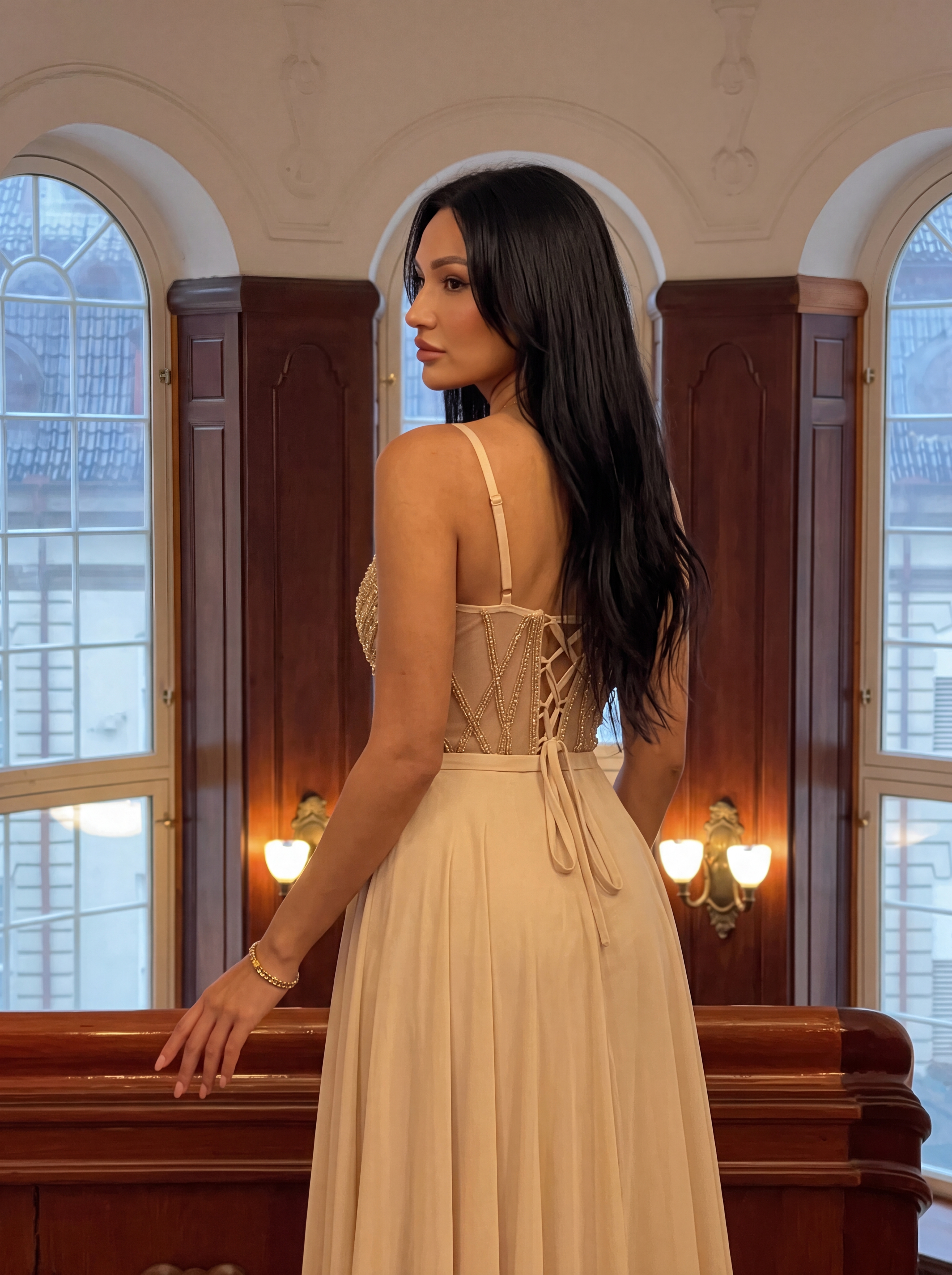 Champagne Ivory Sequin Corset Evening Gown - Illusion Deep V-Neck A-Line Prom Dress with High Slit