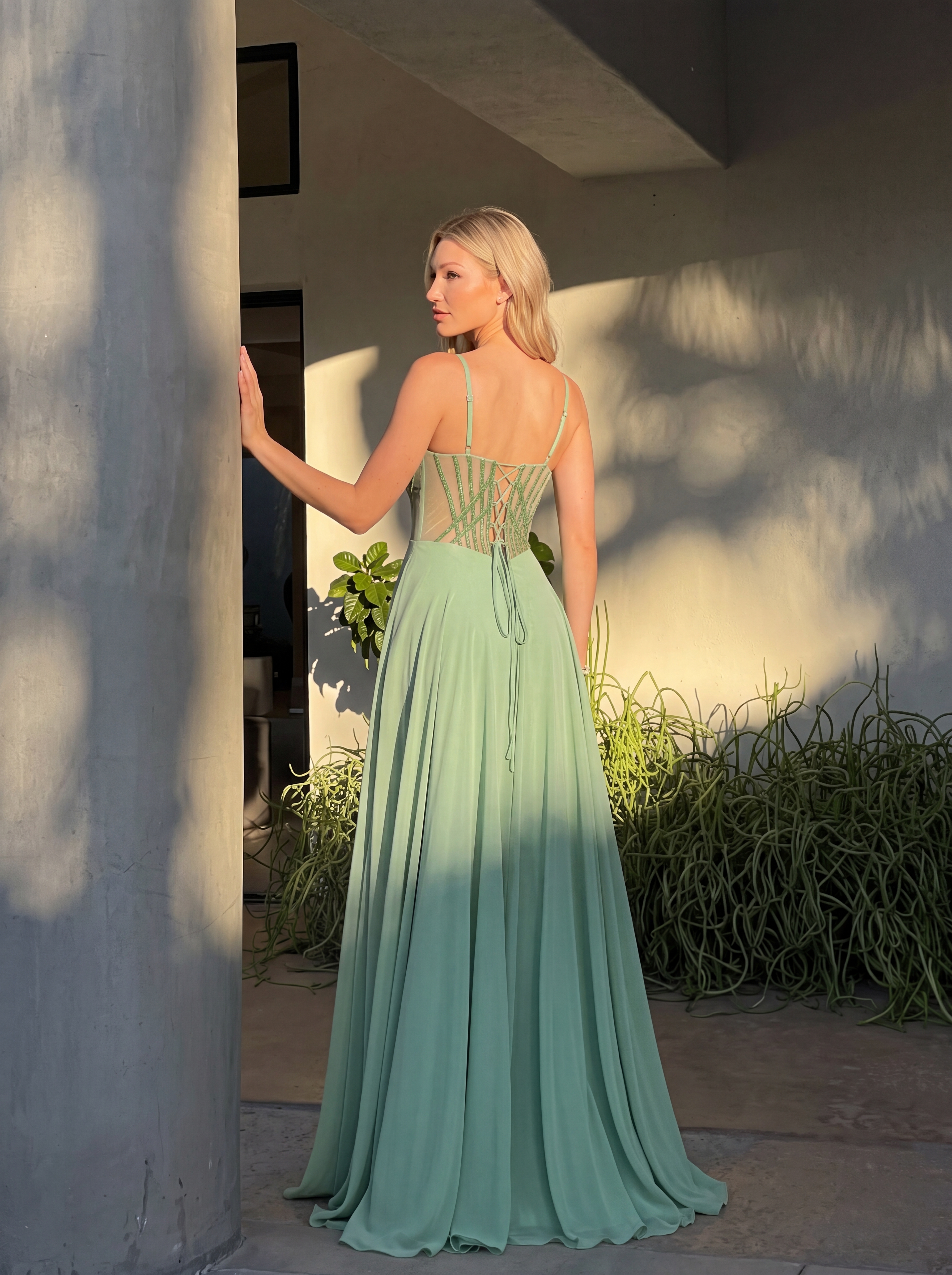 Sage Green Sheer Corset Prom Dress - Chiffon A-Line Evening Gown with High Slit & Sweetheart Neckline