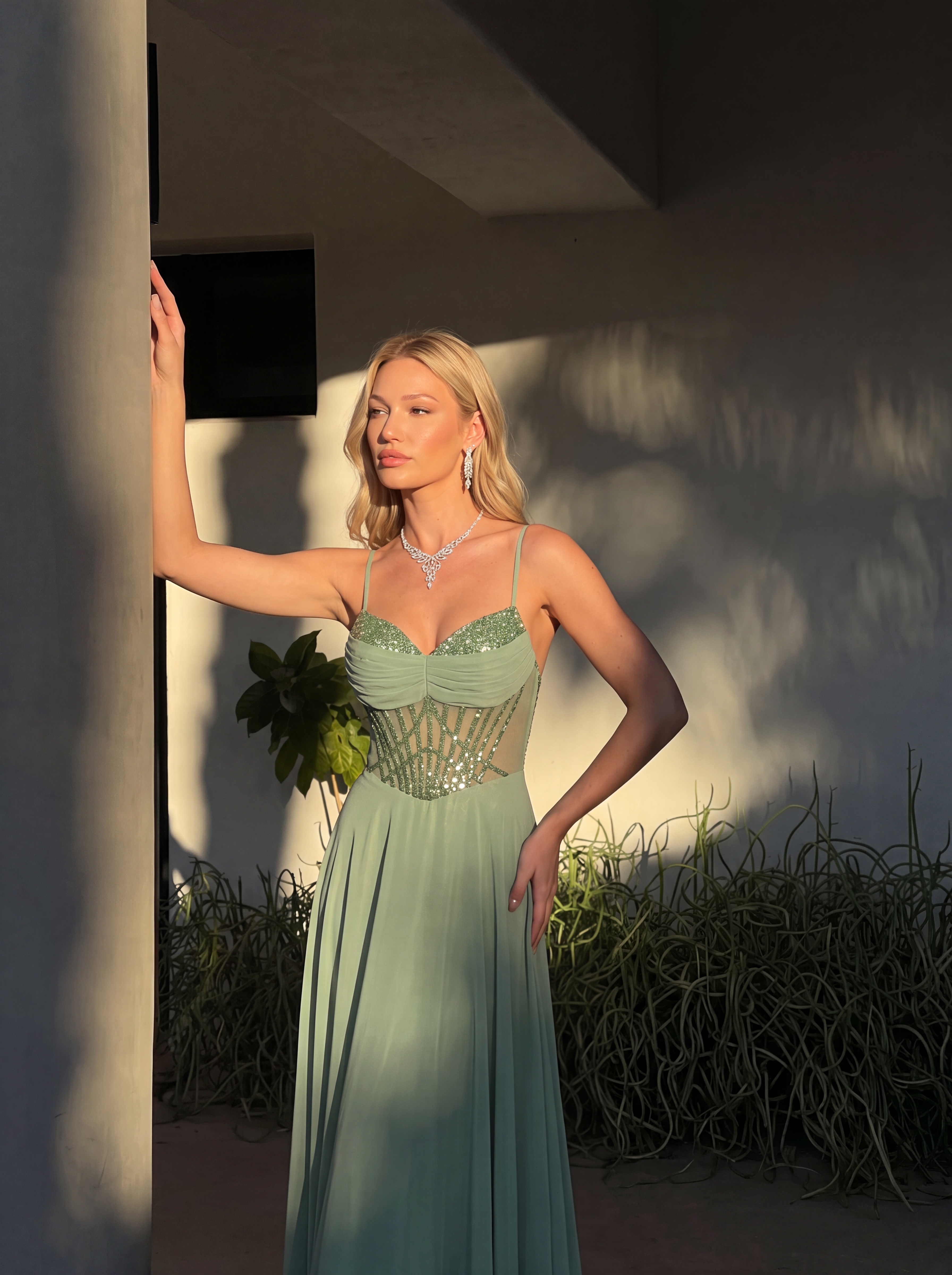 Sage Green Sheer Corset Prom Dress - Chiffon A-Line Evening Gown with High Slit & Sweetheart Neckline