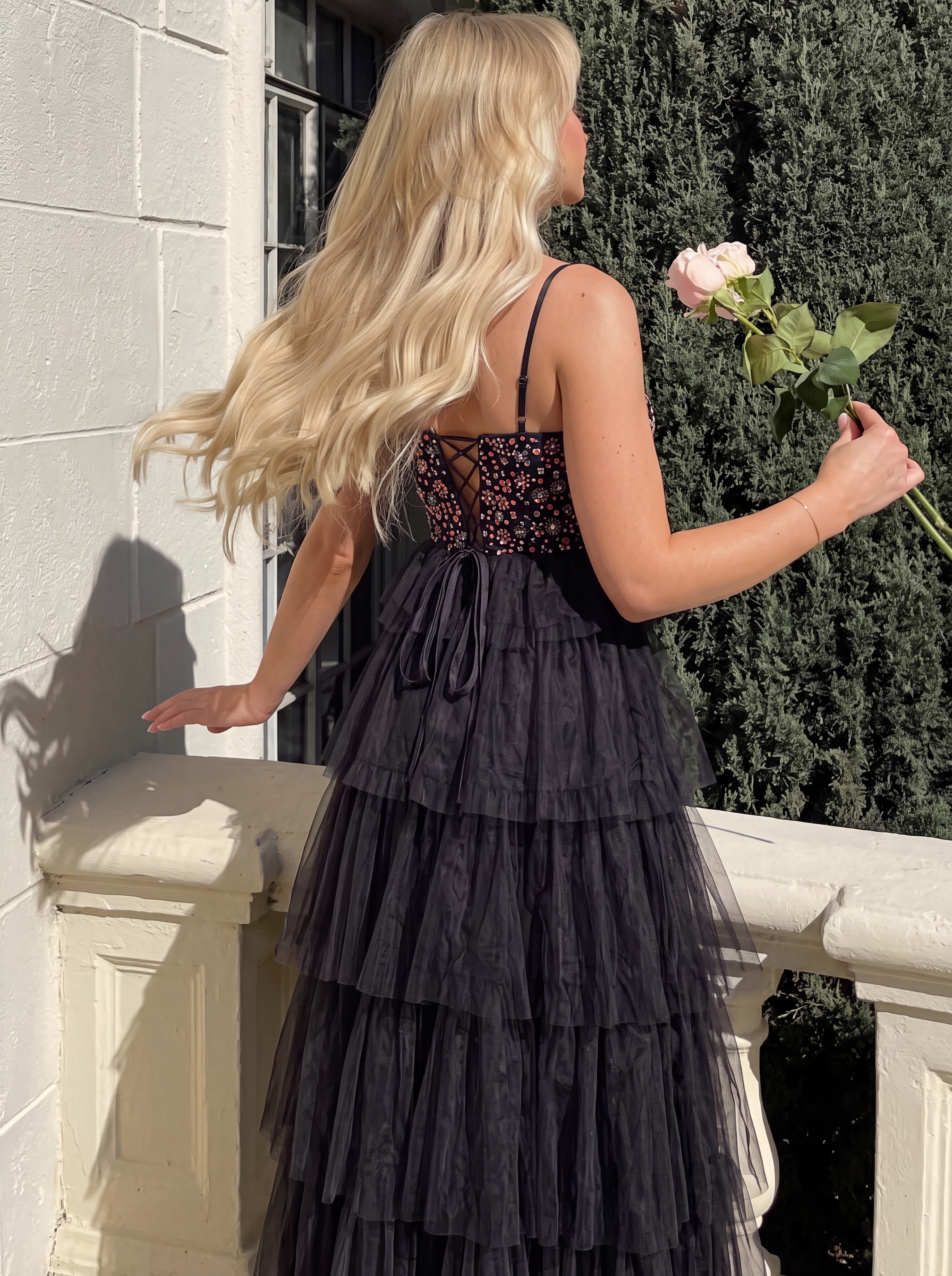 Exquisite Black Tiered Tulle Evening Gown - Floral Beaded Bodice Prom Dress with High Slit & Spaghetti Straps