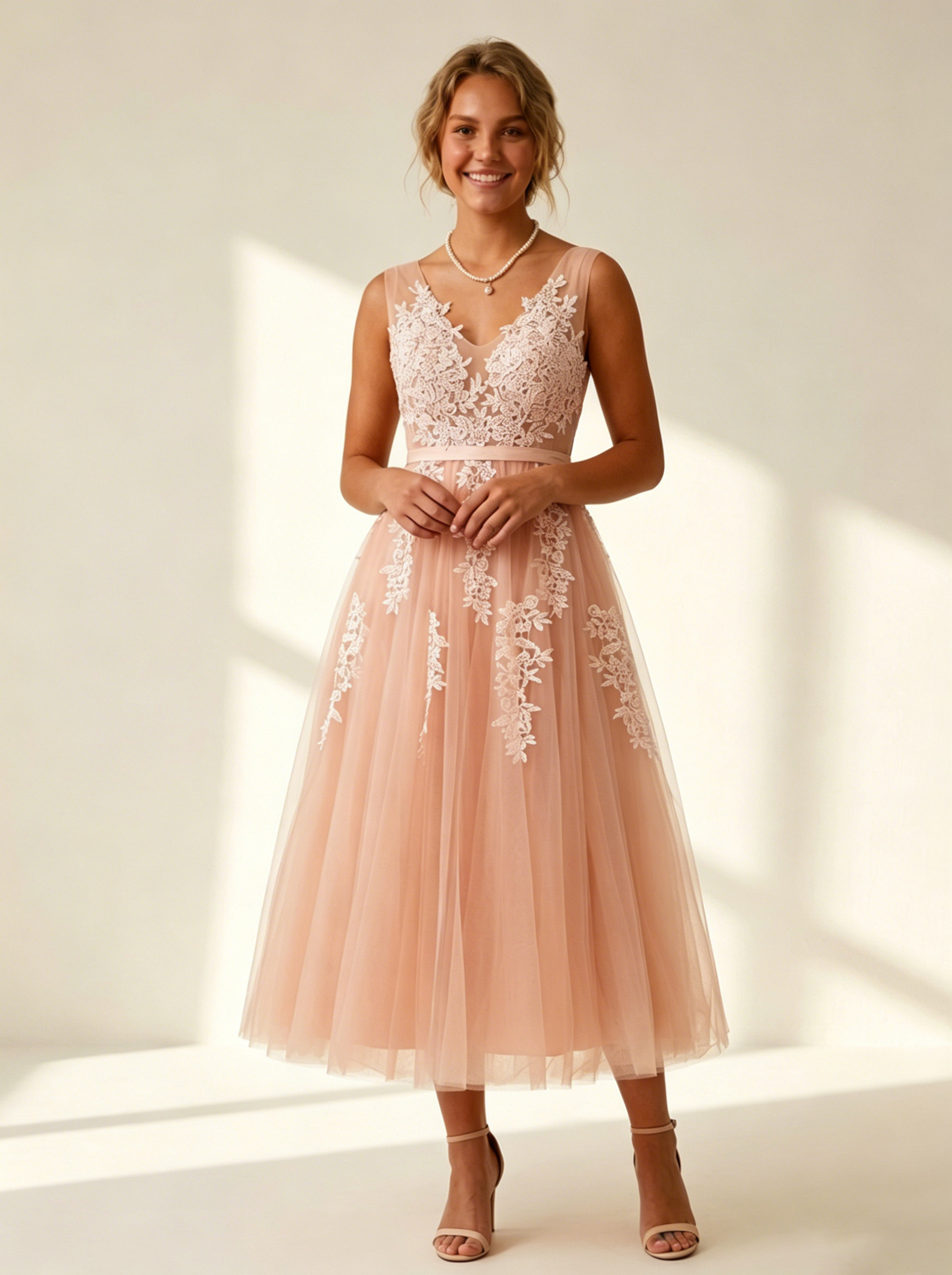Ethereal Deep V-Neck Lace Applique Tulle A-Line Evening Gown | Backless Maxi Prom Dress for Formal Events