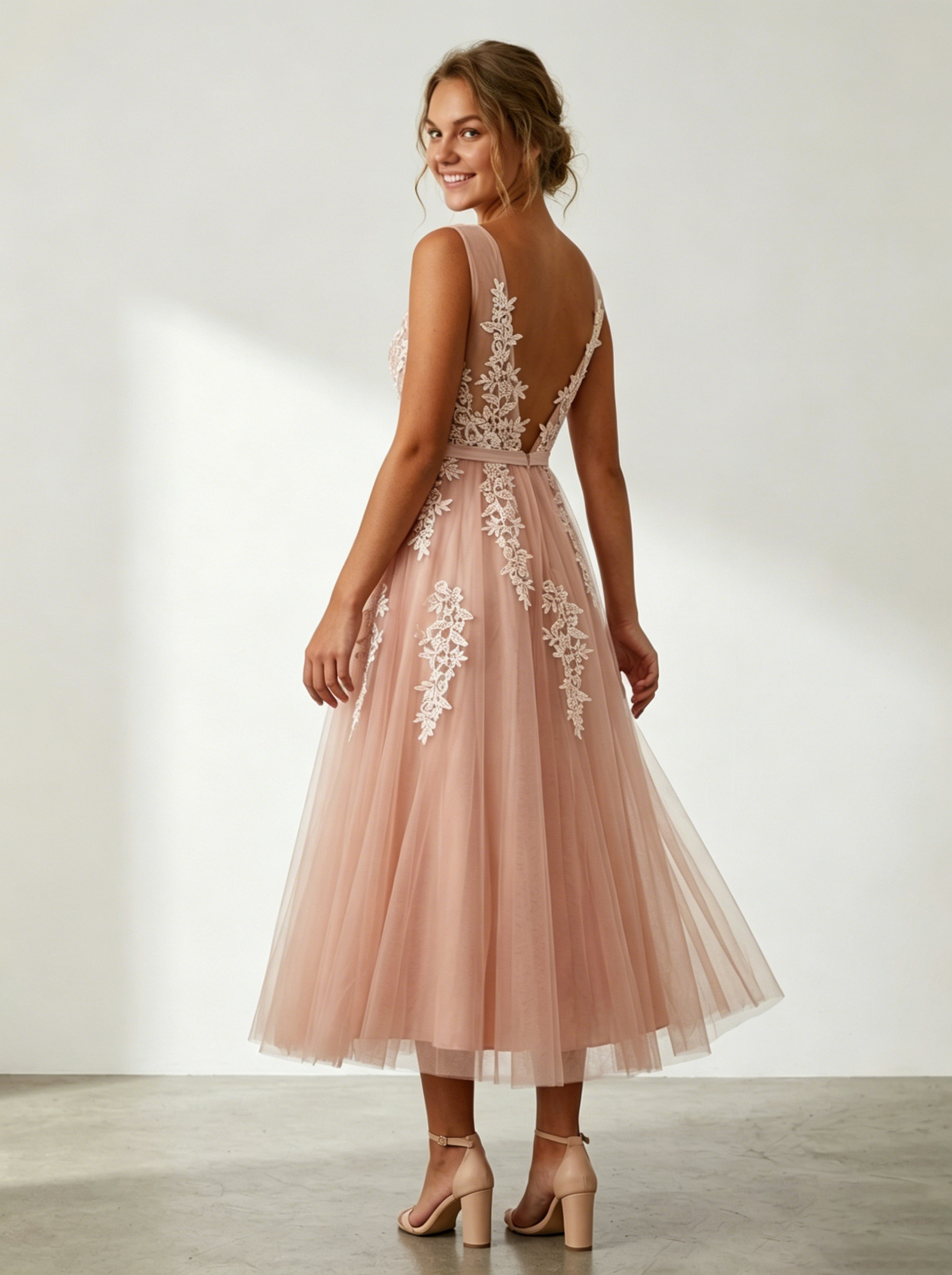 Ethereal Deep V-Neck Lace Applique Tulle A-Line Evening Gown | Backless Maxi Prom Dress for Formal Events