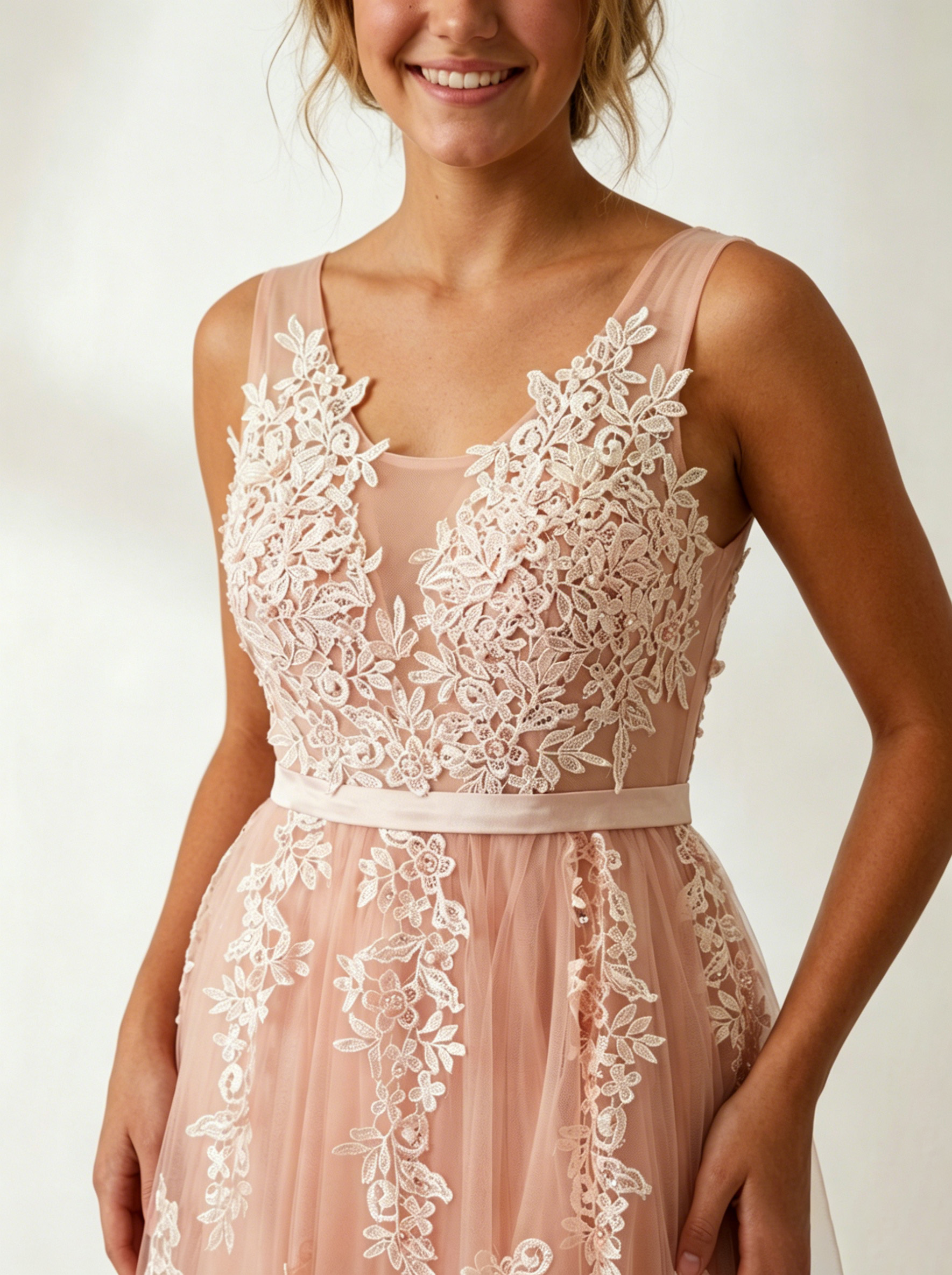 Ethereal Deep V-Neck Lace Applique Tulle A-Line Evening Gown | Backless Maxi Prom Dress for Formal Events