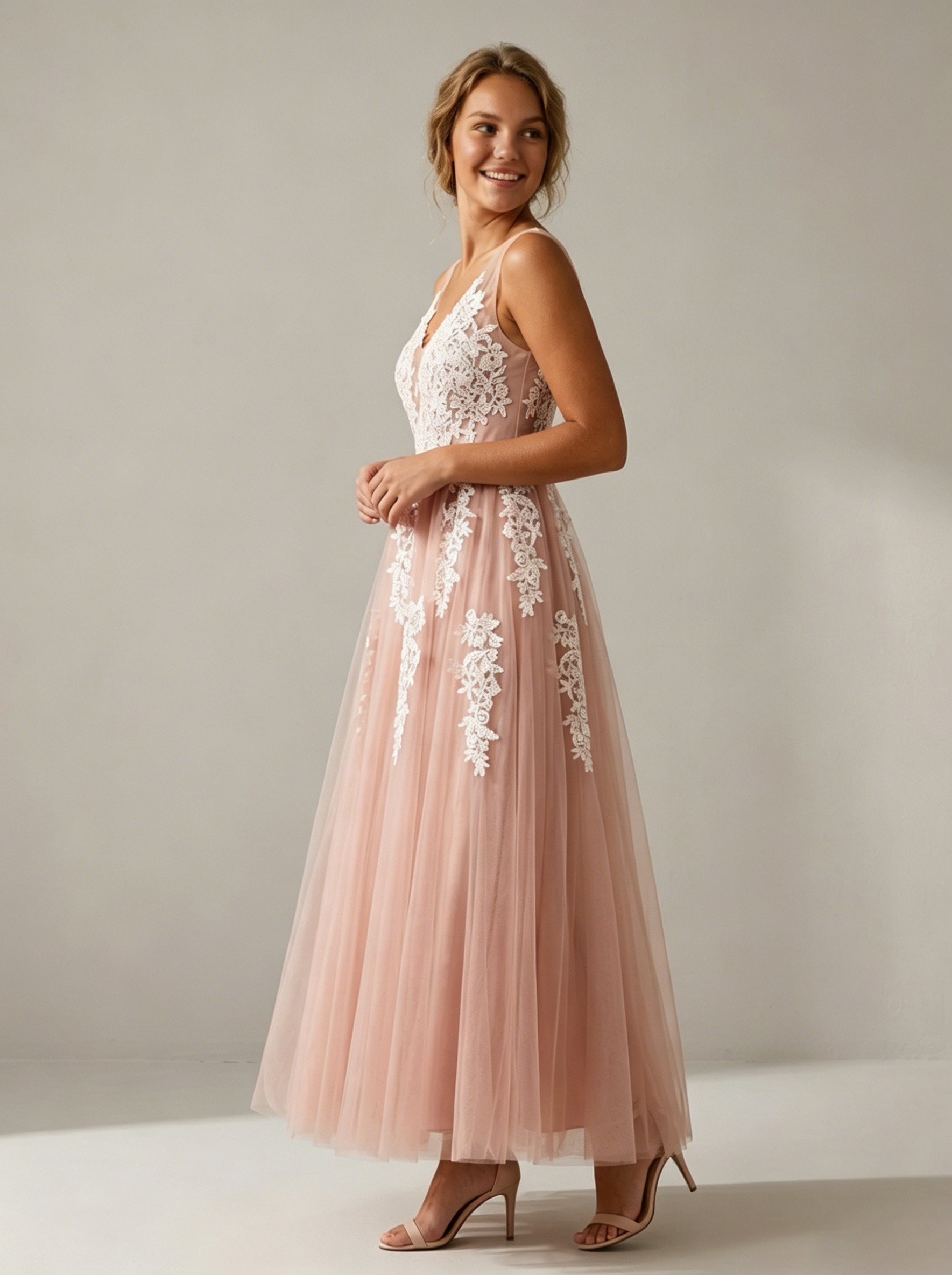 Ethereal Deep V-Neck Lace Applique Tulle A-Line Evening Gown | Backless Maxi Prom Dress for Formal Events